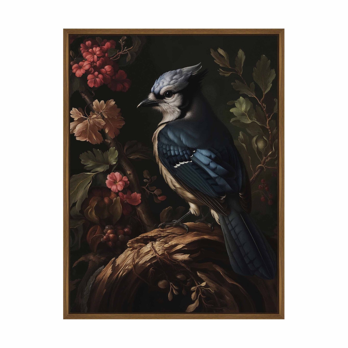 Elegance in Bloom - Blue Jay Amongst Flora - Gallery Wrapped Canvas