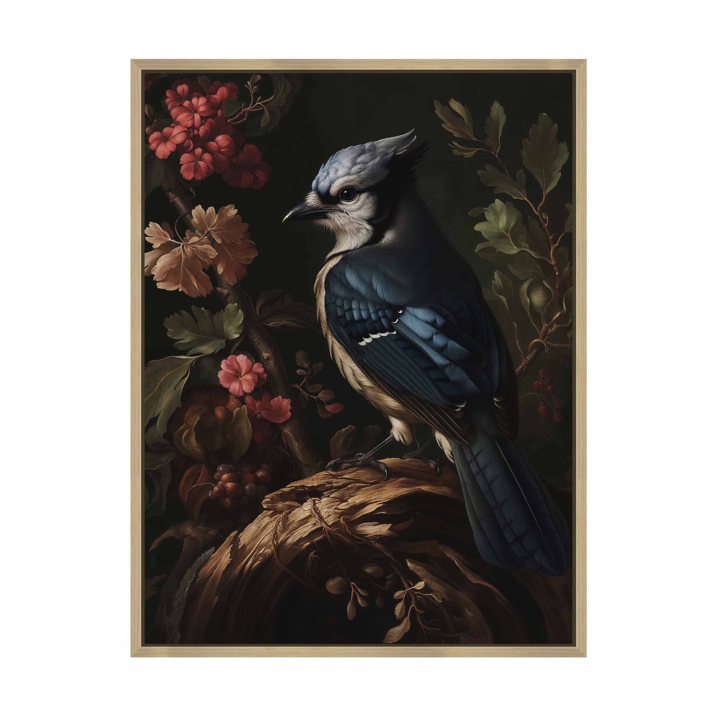 Elegance in Bloom - Blue Jay Amongst Flora - Gallery Wrapped Canvas