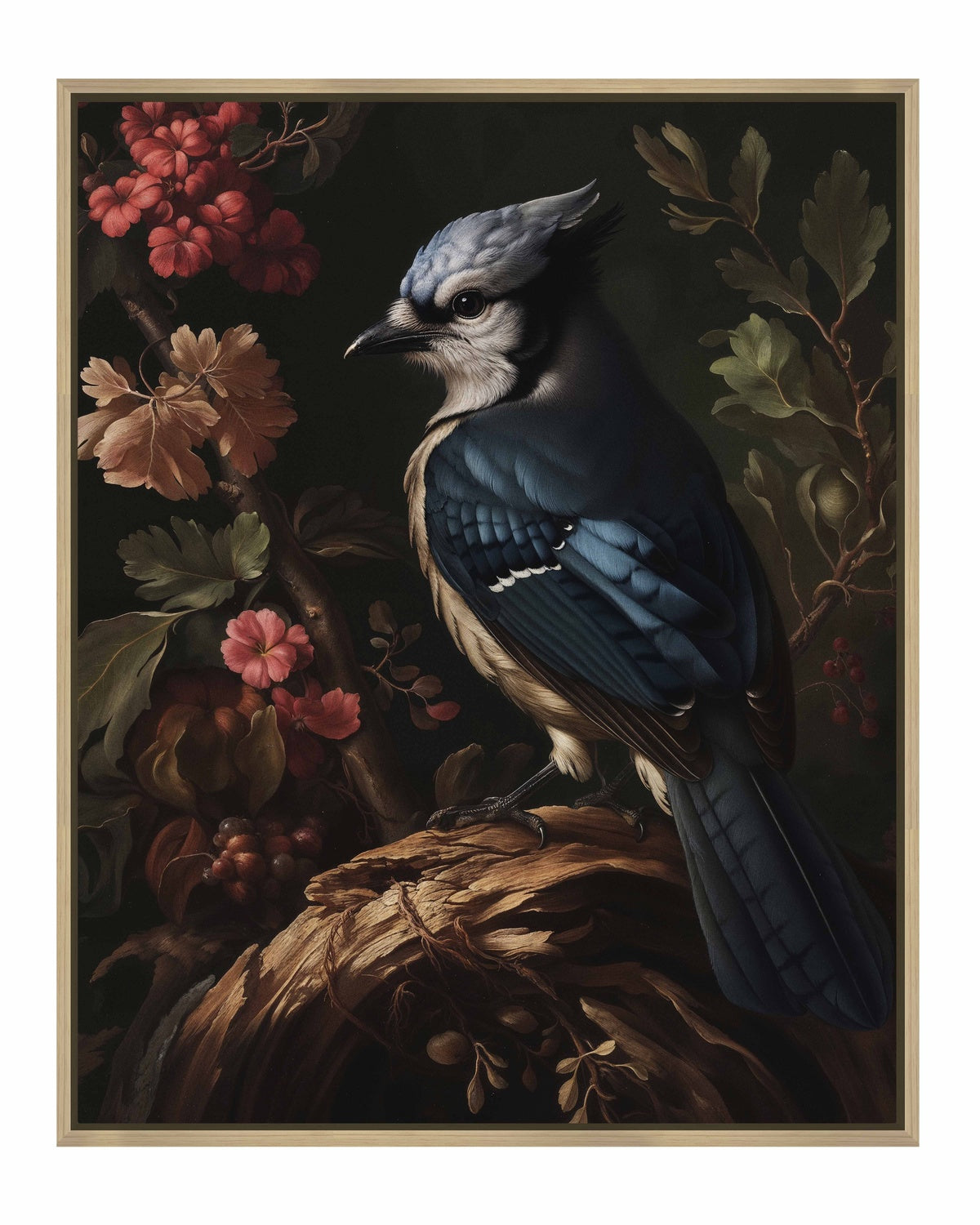 Elegance in Bloom - Blue Jay Amongst Flora - Gallery Wrapped Canvas