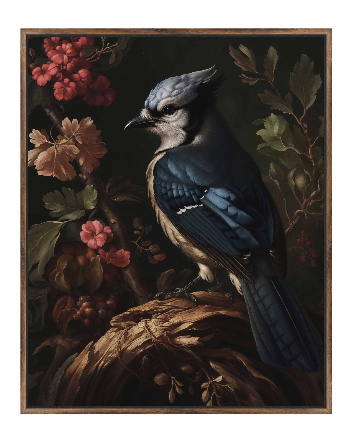 Elegance in Bloom - Blue Jay Amongst Flora - Gallery Wrapped Canvas