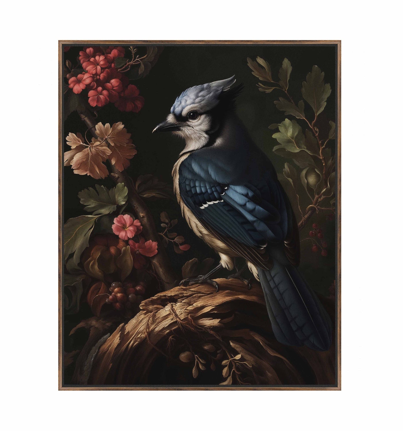 Elegance in Bloom - Blue Jay Amongst Flora - Gallery Wrapped Canvas