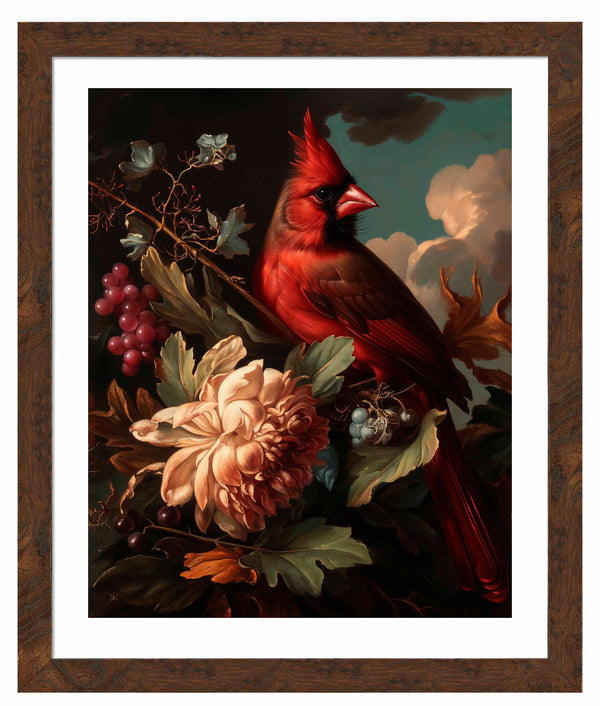 Crimson Majesty - Cardinal Amongst Blooms - Art Prints