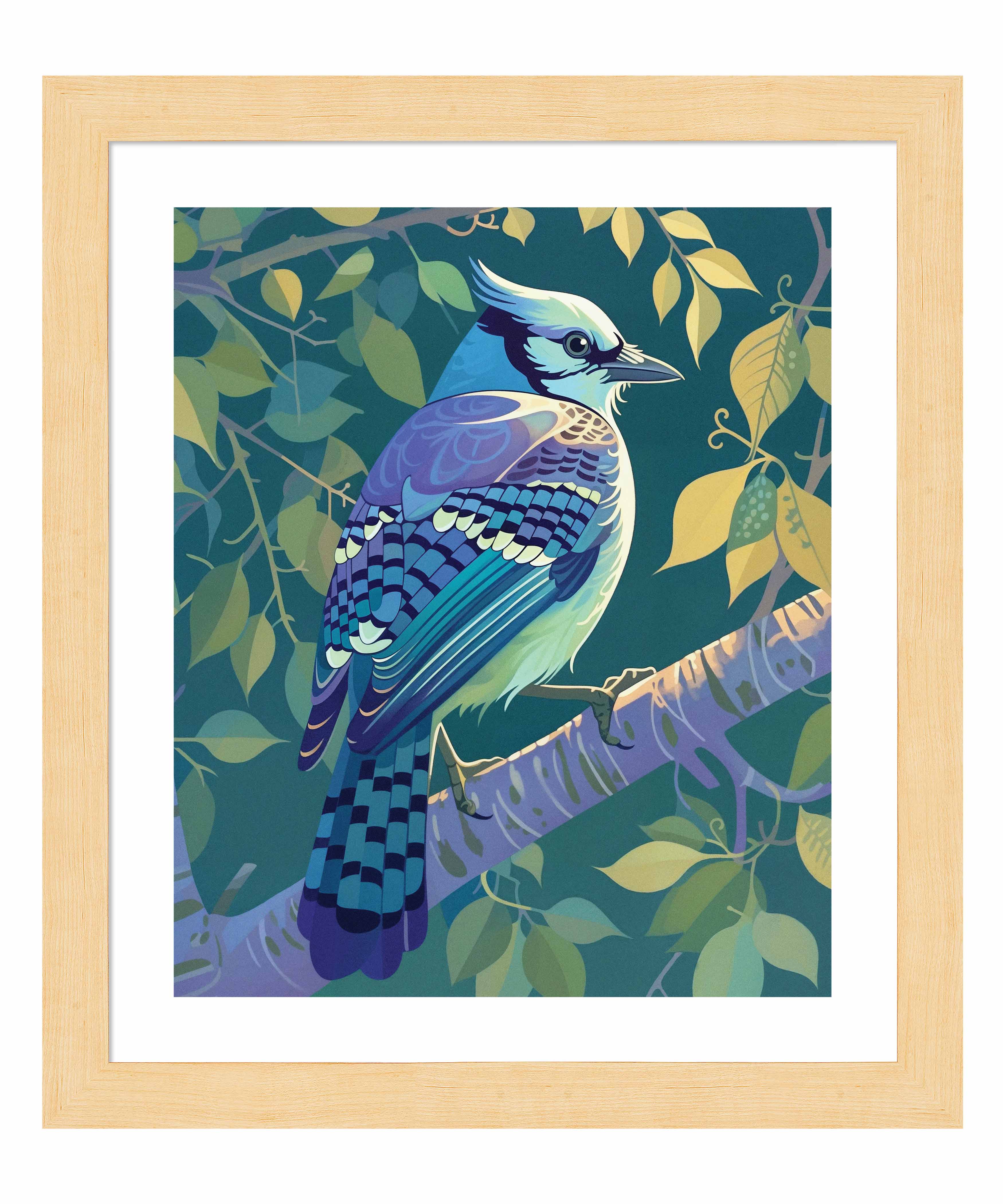 Morning Radiance - Blue Jay in Lush Foliage - Art Prints Art