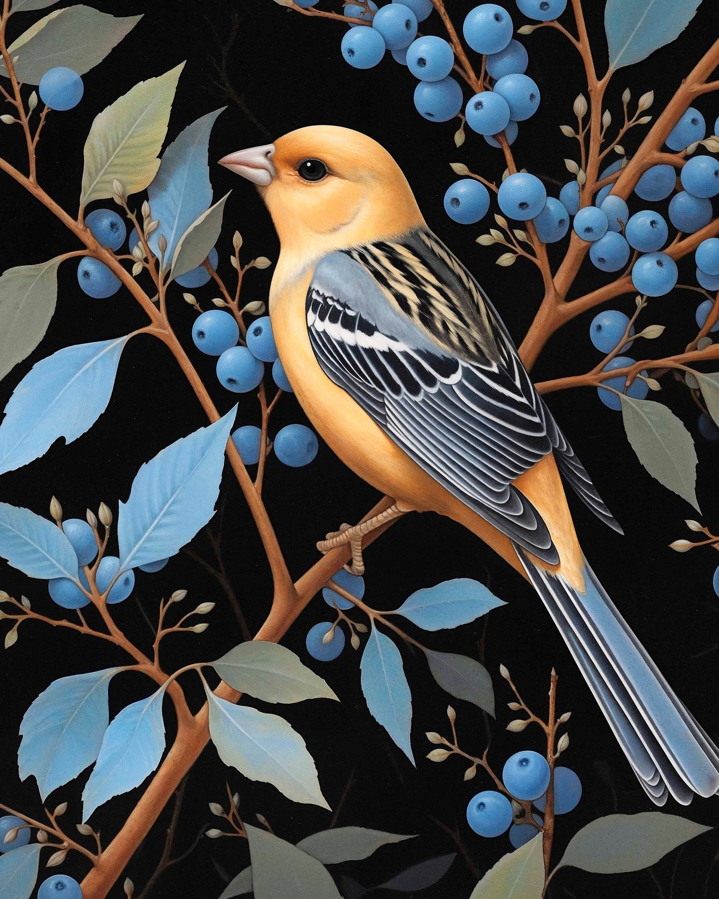 Bounty of Blue - Oriole Amidst Berries - Limited Edition Canvas
