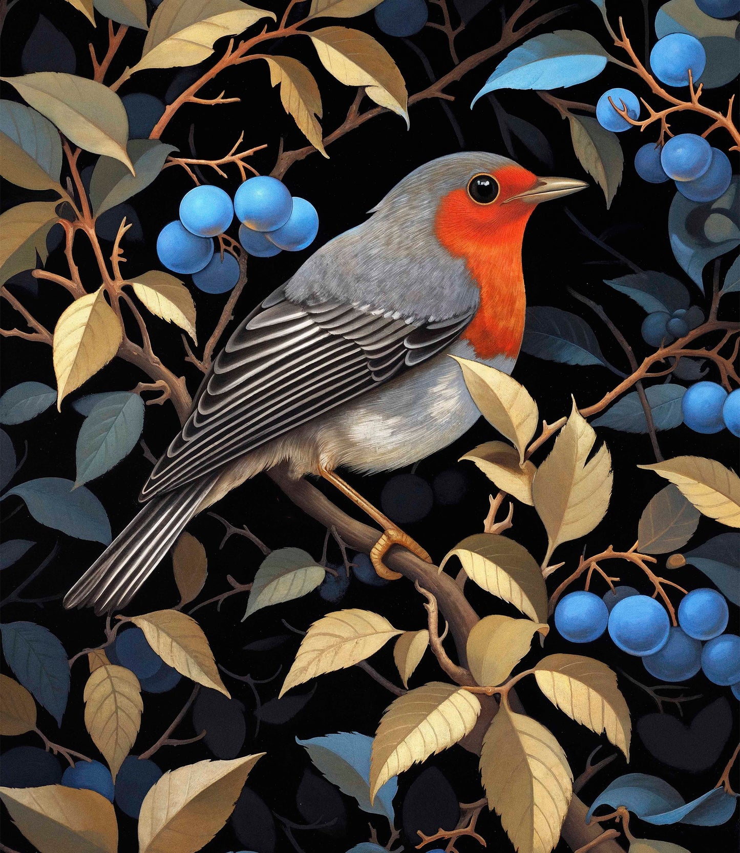 Crimson Song - Robin Among Blueberries - Limited Edition Canvas