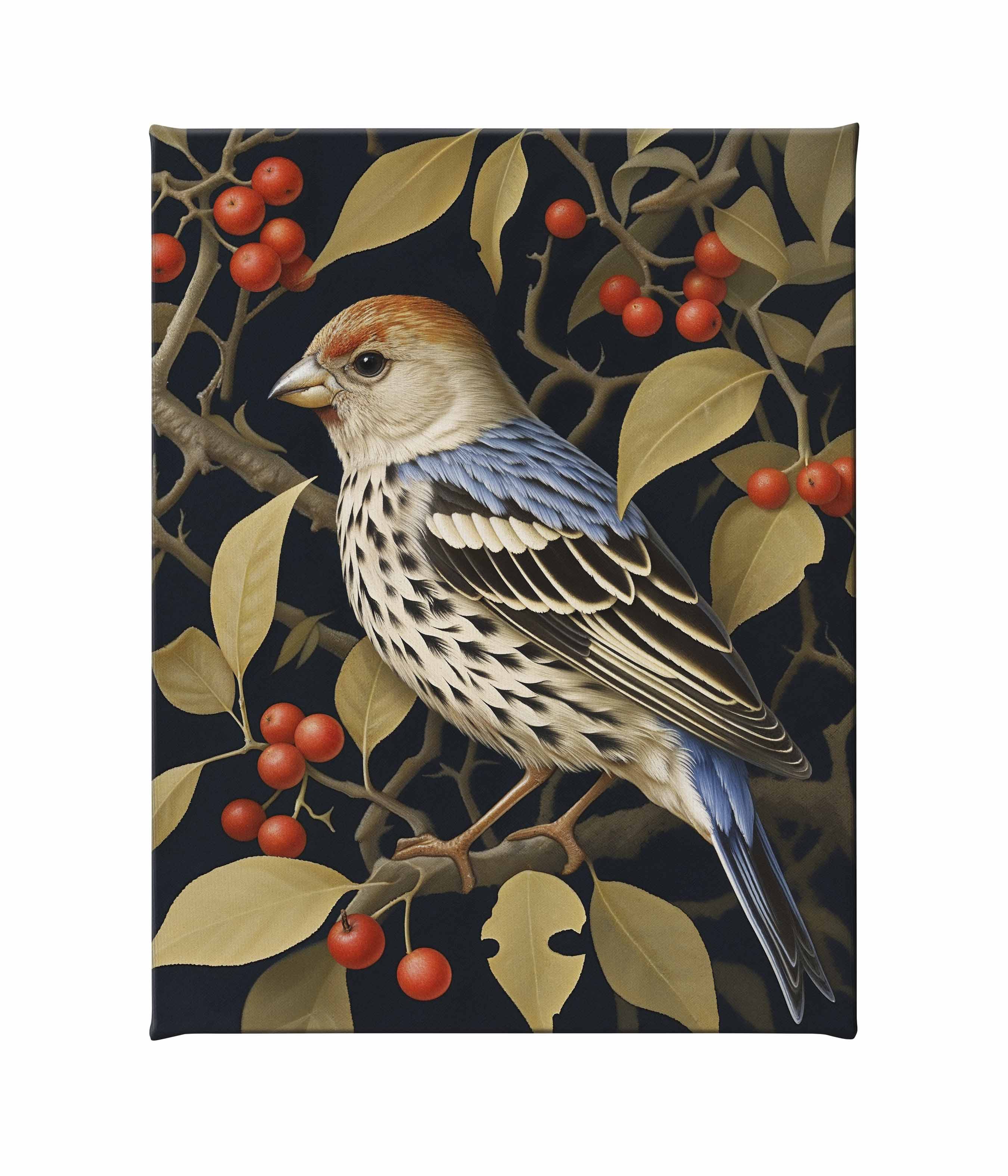 A Charm of Finches 版画 アート Autumn Sentinel - Finch Amongst Berries - Gallery Wrapped Canvas
