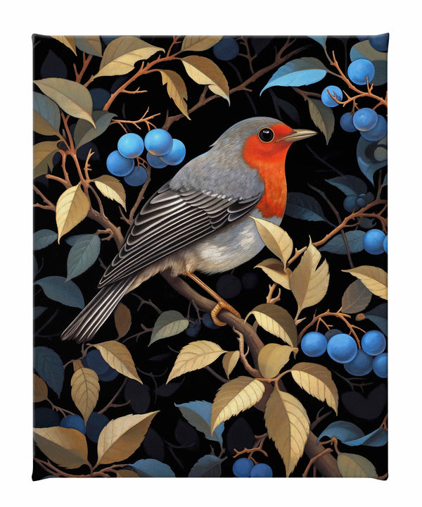 Crimson Song - Robin Among Blueberries - Gallery Wrapped Canvas