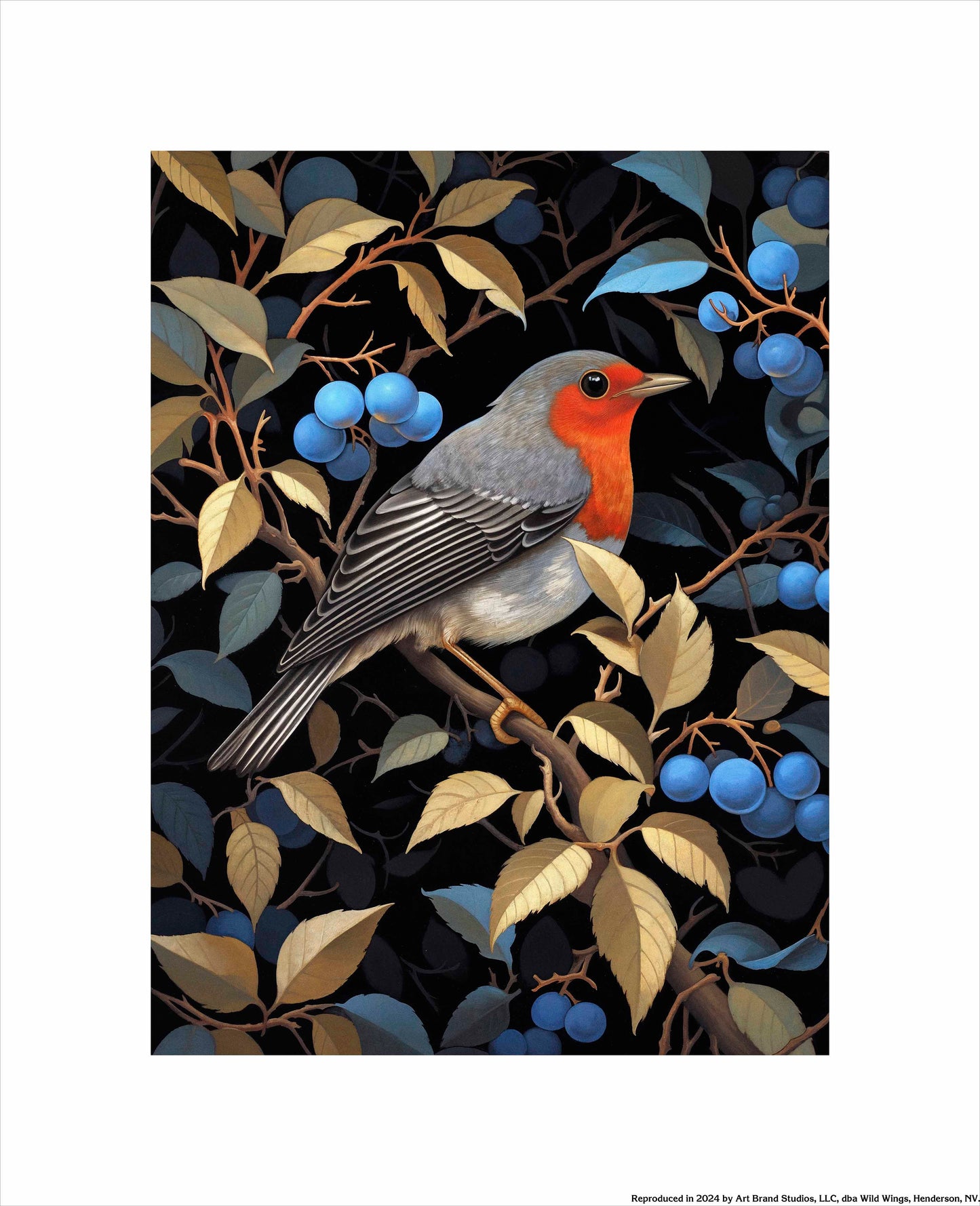 Crimson Song - Robin Among Blueberries - Art Prints