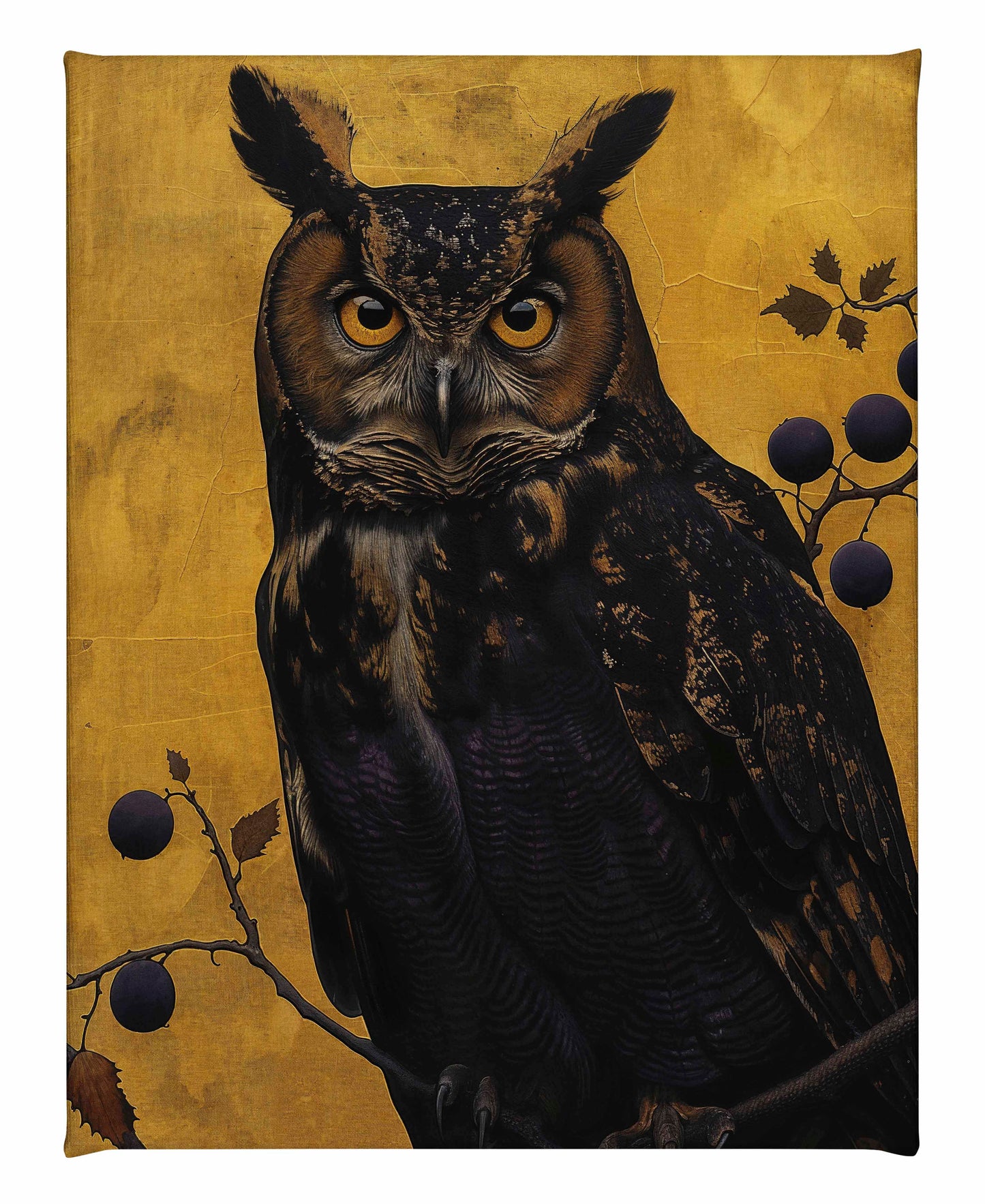 Golden Gaze - Great Horned Owl Among Berries - Gallery Wrapped Canvas