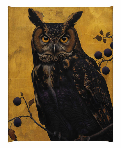Golden Gaze - Great Horned Owl Among Berries - Gallery Wrapped Canvas