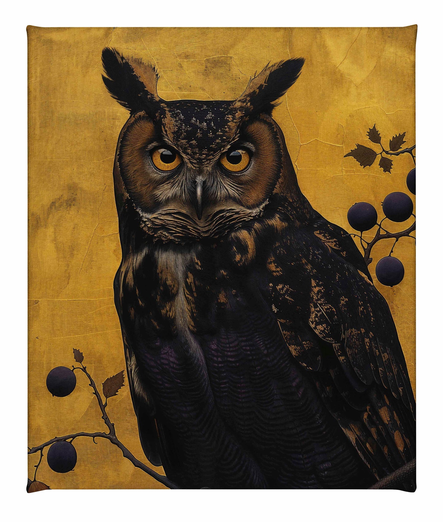 Golden Gaze - Great Horned Owl Among Berries - Gallery Wrapped Canvas
