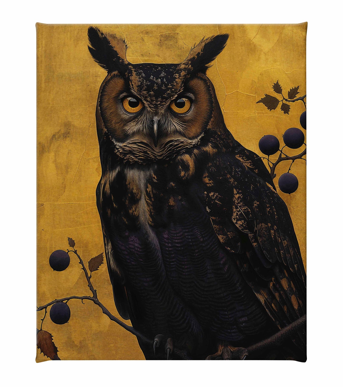 Golden Gaze - Great Horned Owl Among Berries - Gallery Wrapped Canvas