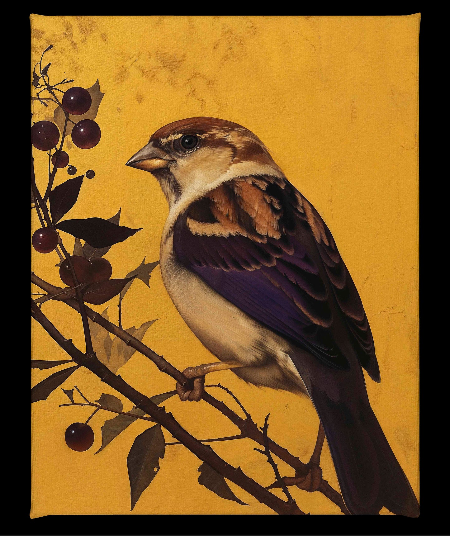 Golden Perch - Sparrow Among Dark Berries - Gallery Wrapped Canvas