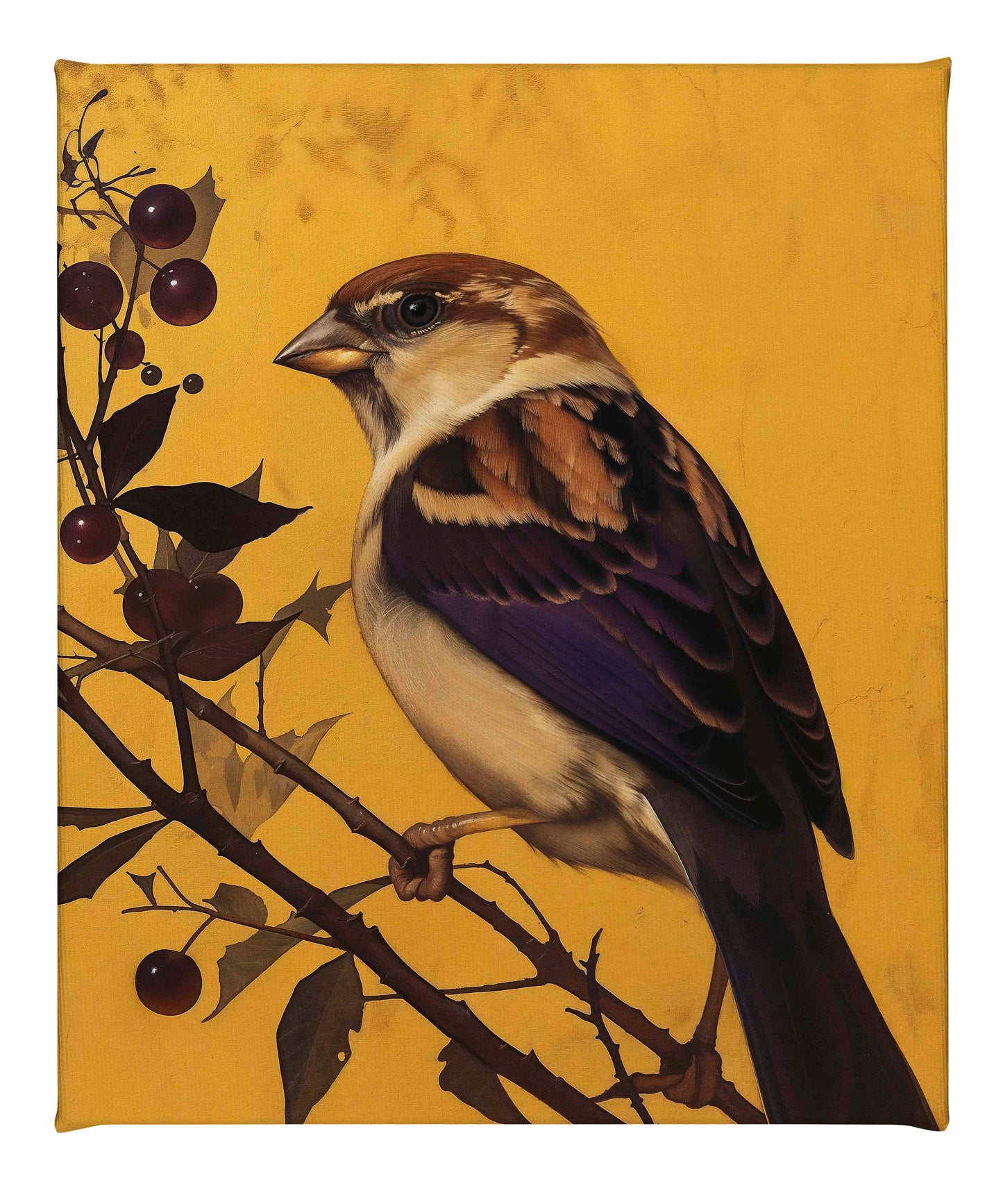 Golden Perch - Sparrow Among Dark Berries - Gallery Wrapped Canvas