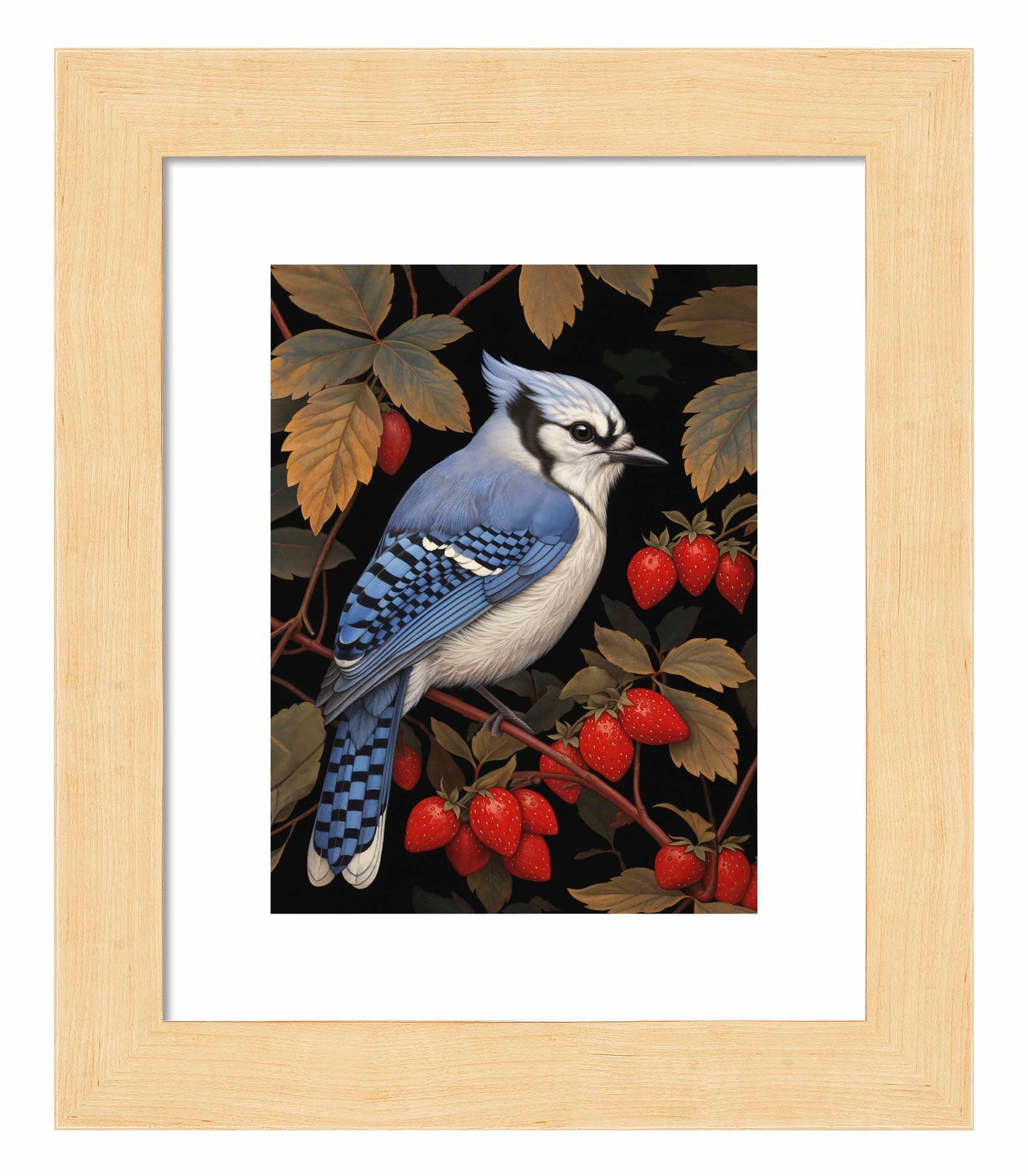 Berry Bliss - Blue Jay in Strawberry Patch - Art Prints
