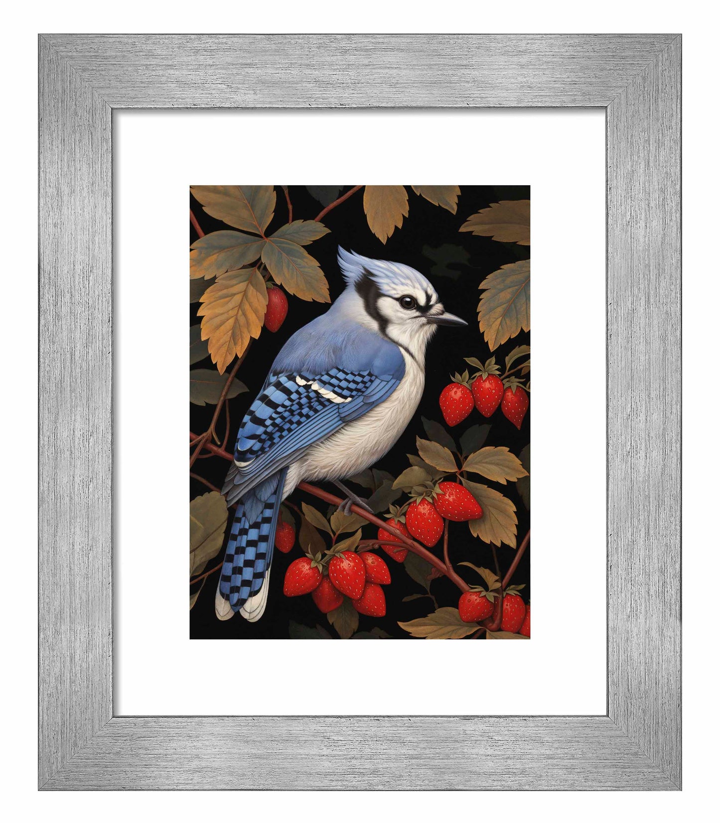 Berry Bliss - Blue Jay in Strawberry Patch - Art Prints