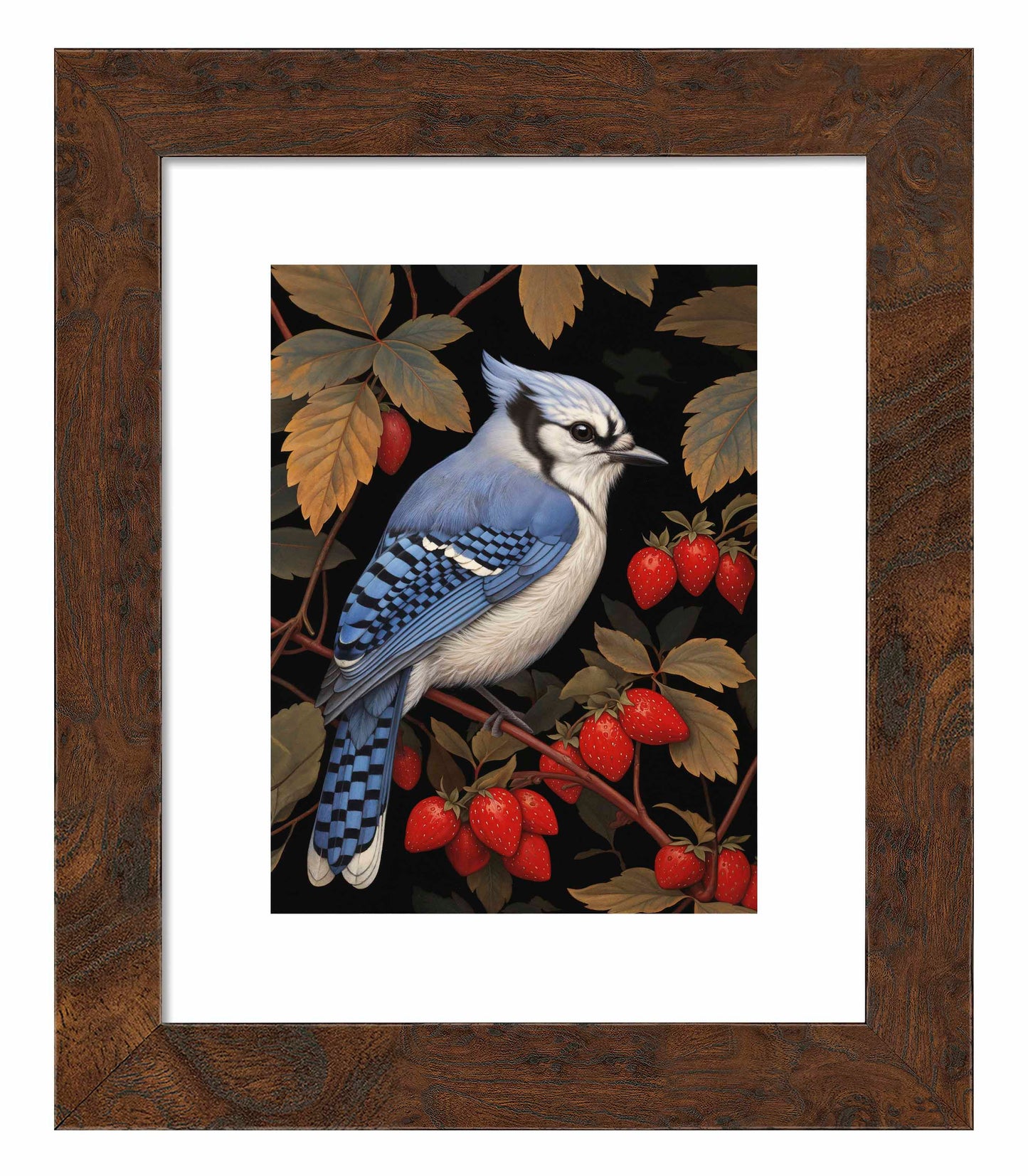Berry Bliss - Blue Jay in Strawberry Patch - Art Prints