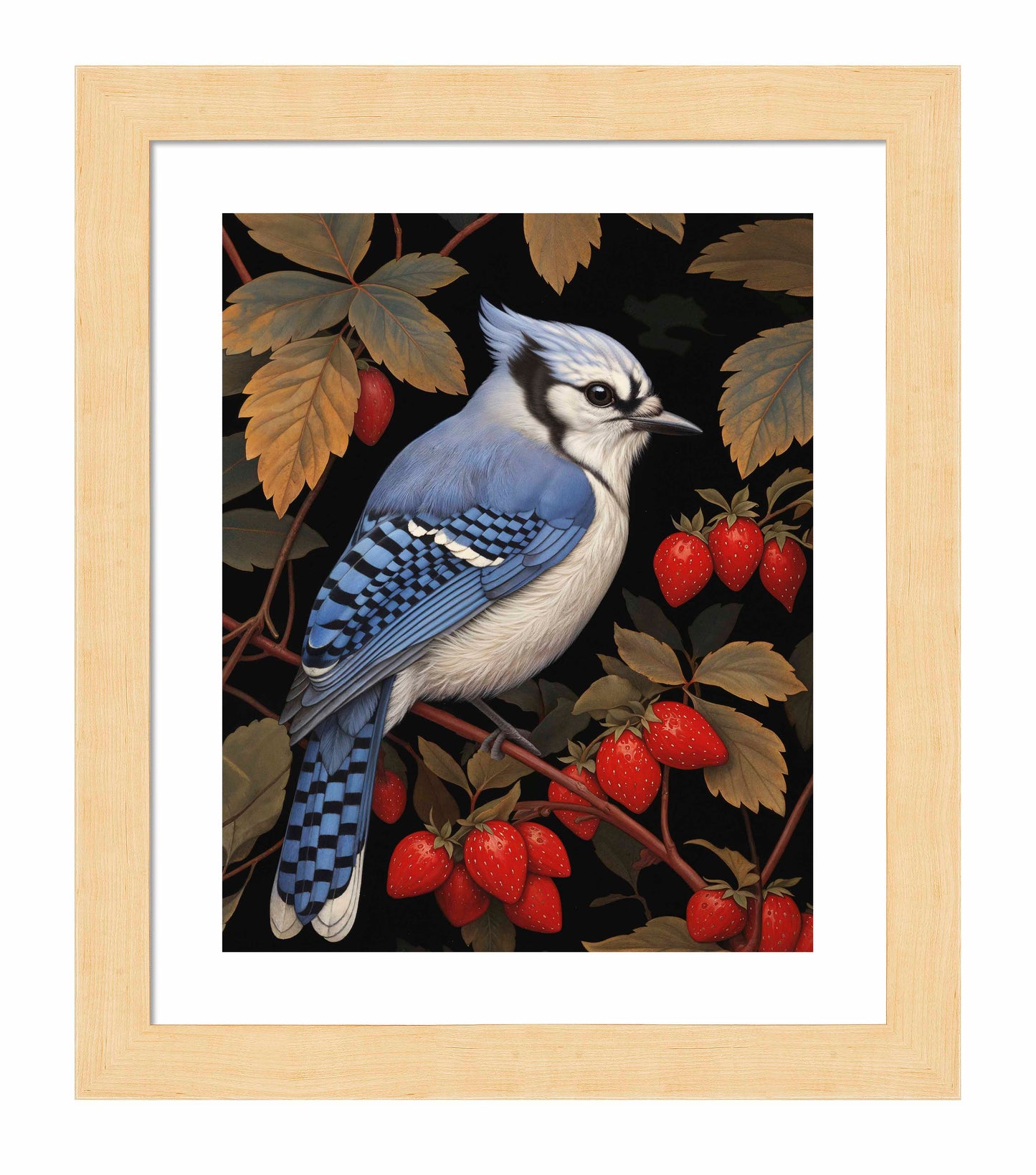 Berry Bliss - Blue Jay in Strawberry Patch - Art Prints