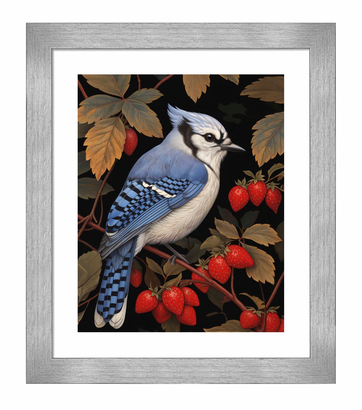 Berry Bliss - Blue Jay in Strawberry Patch - Art Prints