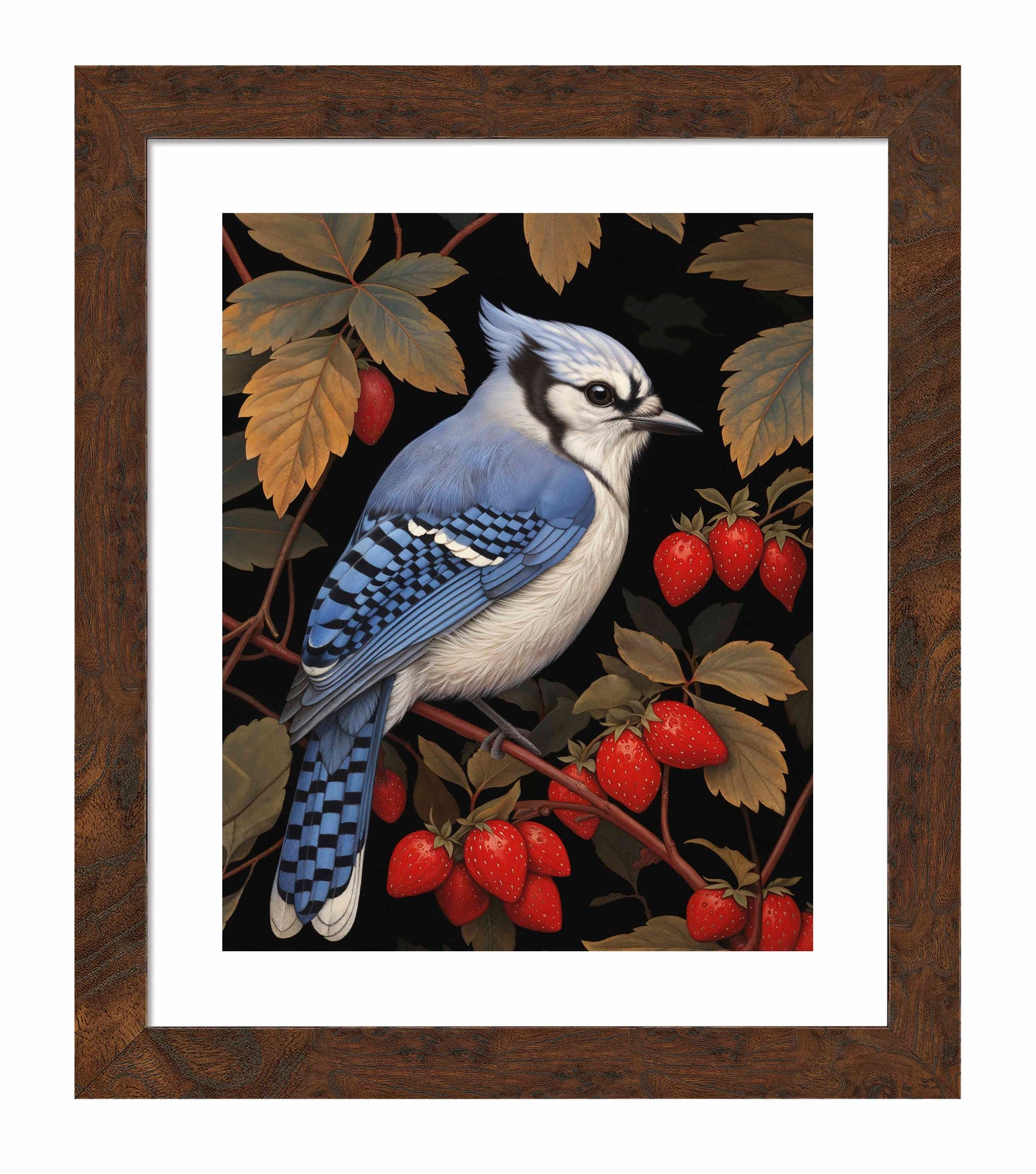 Berry Bliss - Blue Jay in Strawberry Patch - Art Prints