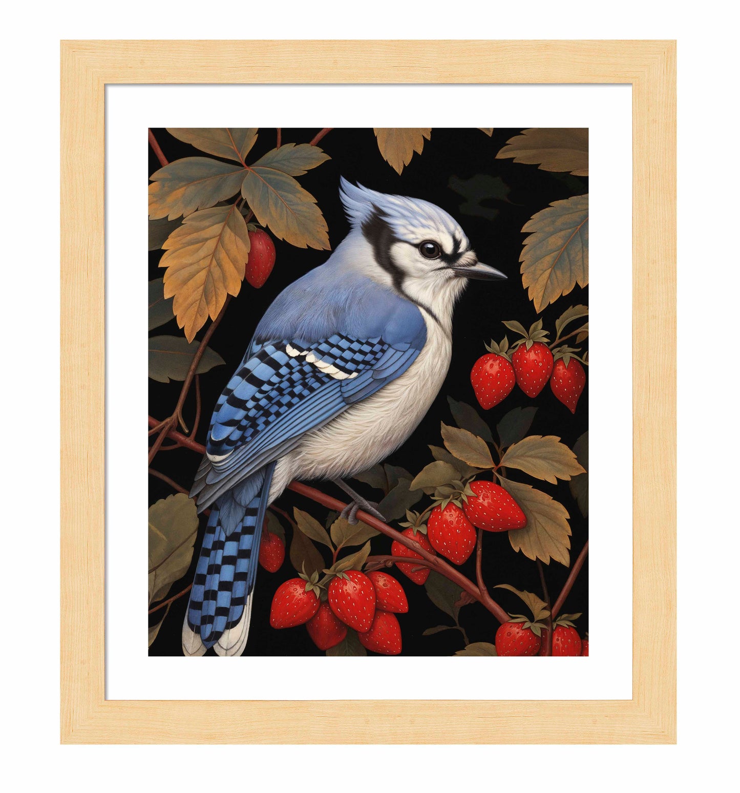 Berry Bliss - Blue Jay in Strawberry Patch - Art Prints