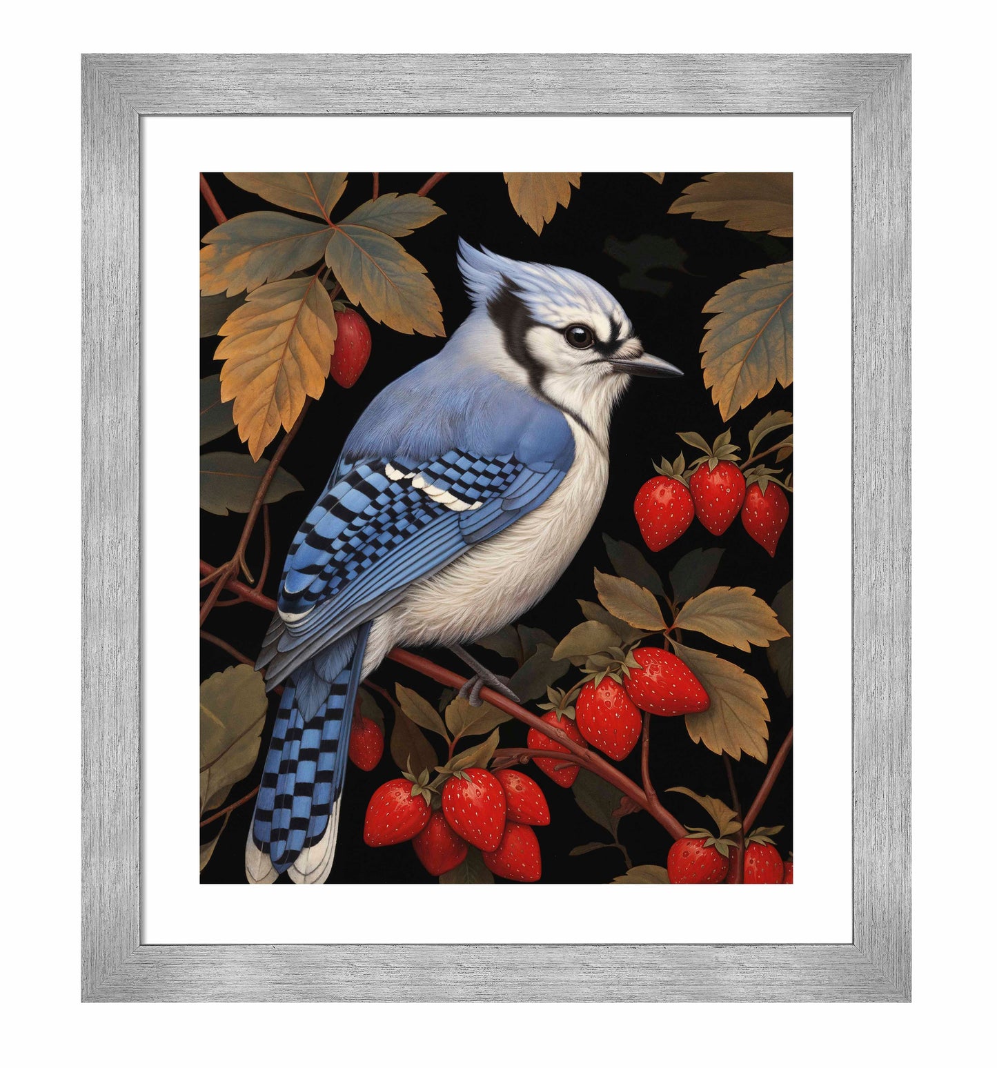 Berry Bliss - Blue Jay in Strawberry Patch - Art Prints