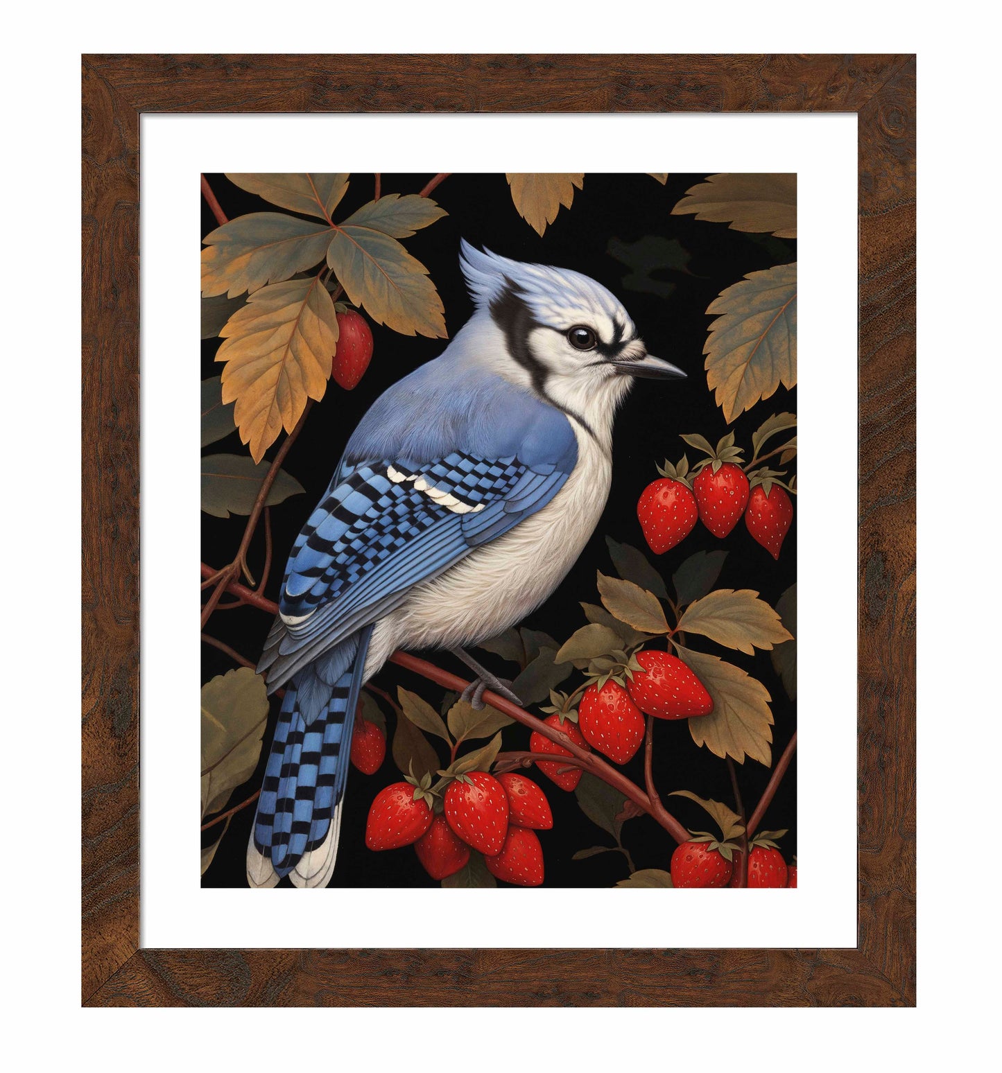 Berry Bliss - Blue Jay in Strawberry Patch - Art Prints