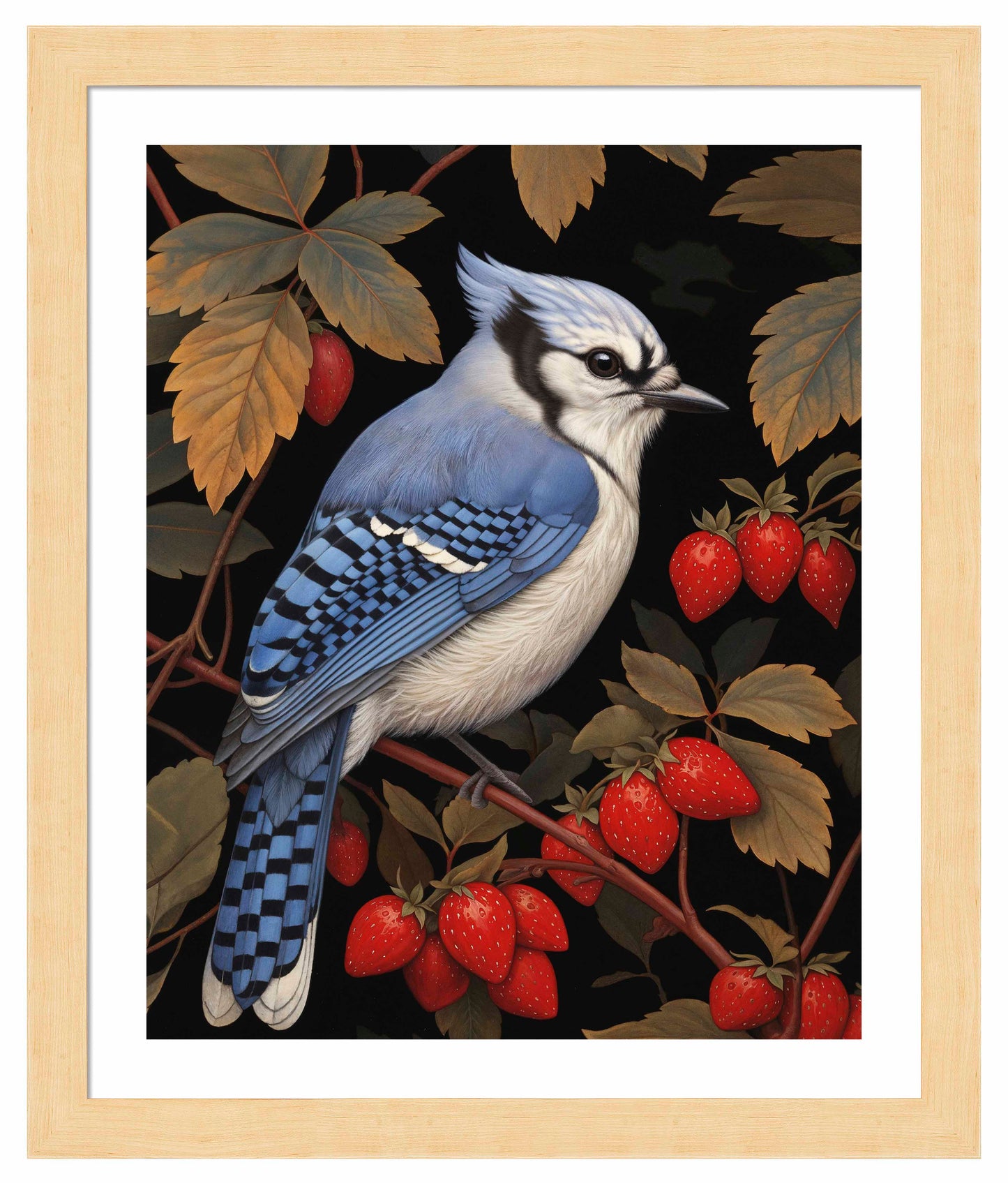 Berry Bliss - Blue Jay in Strawberry Patch - Art Prints
