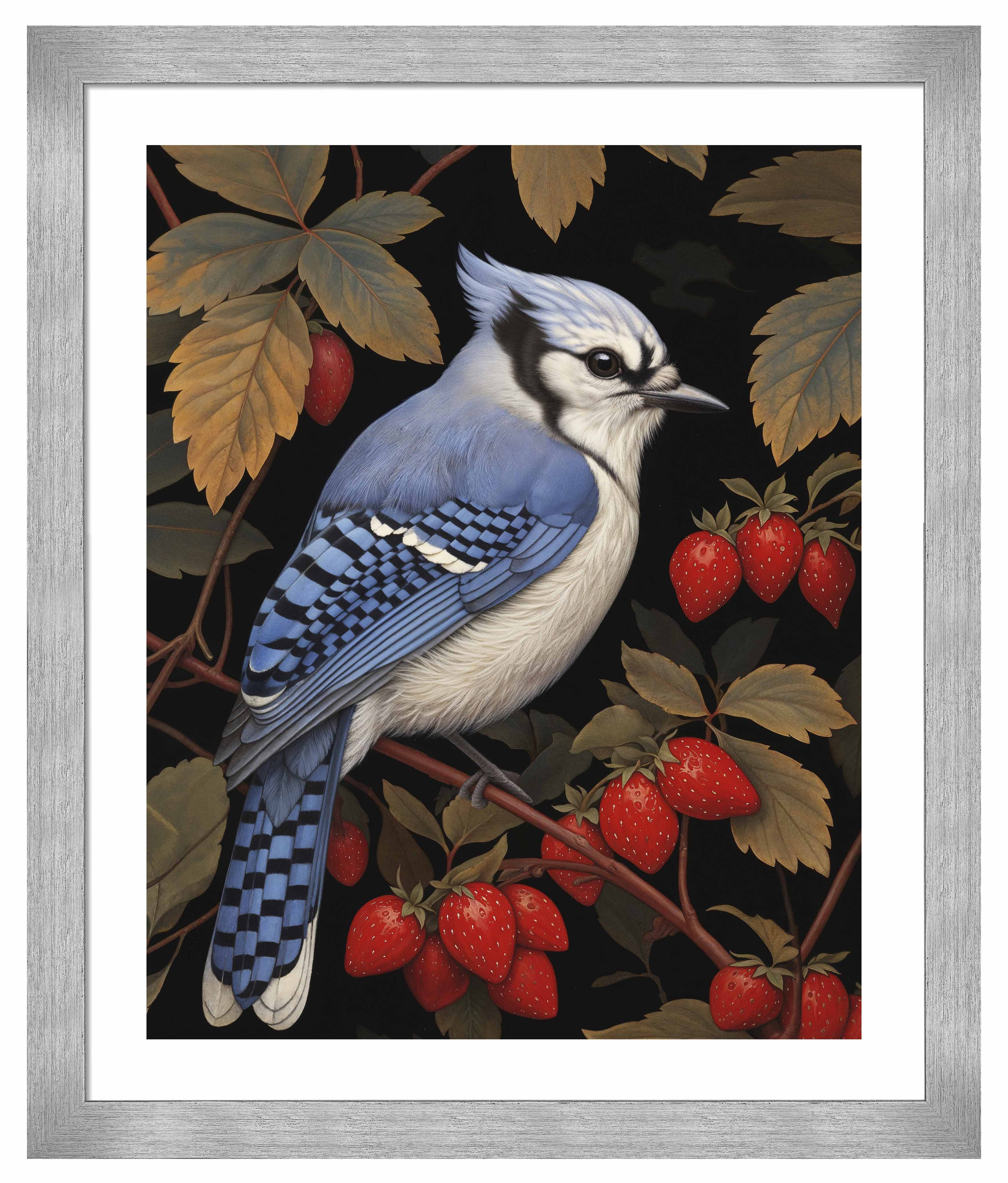Berry Bliss - Blue Jay in Strawberry Patch - Art Prints Art Prints