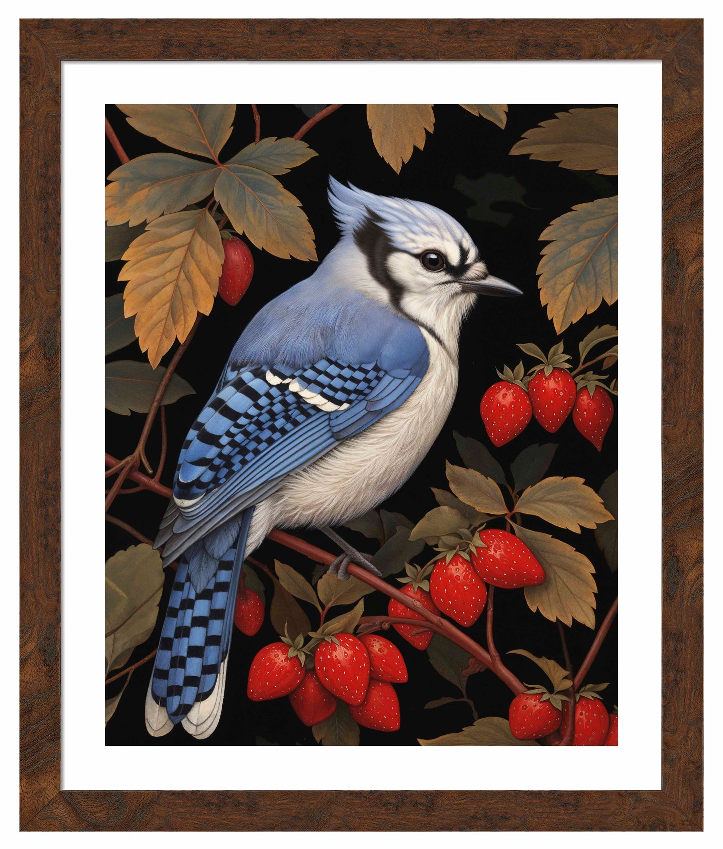 Berry Bliss - Blue Jay in Strawberry Patch - Art Prints