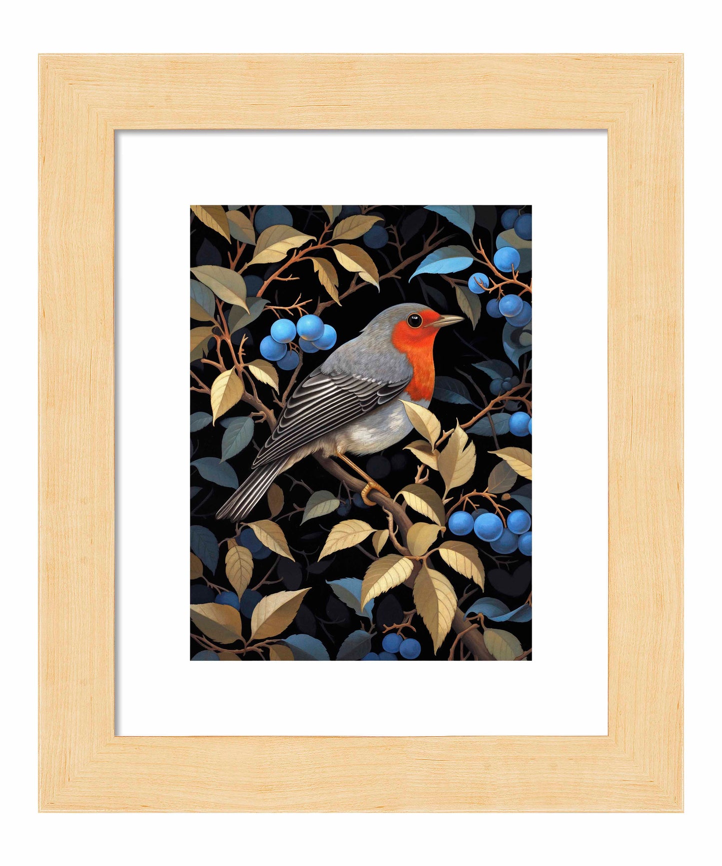 Crimson Song - Robin Among Blueberries - Art Prints
