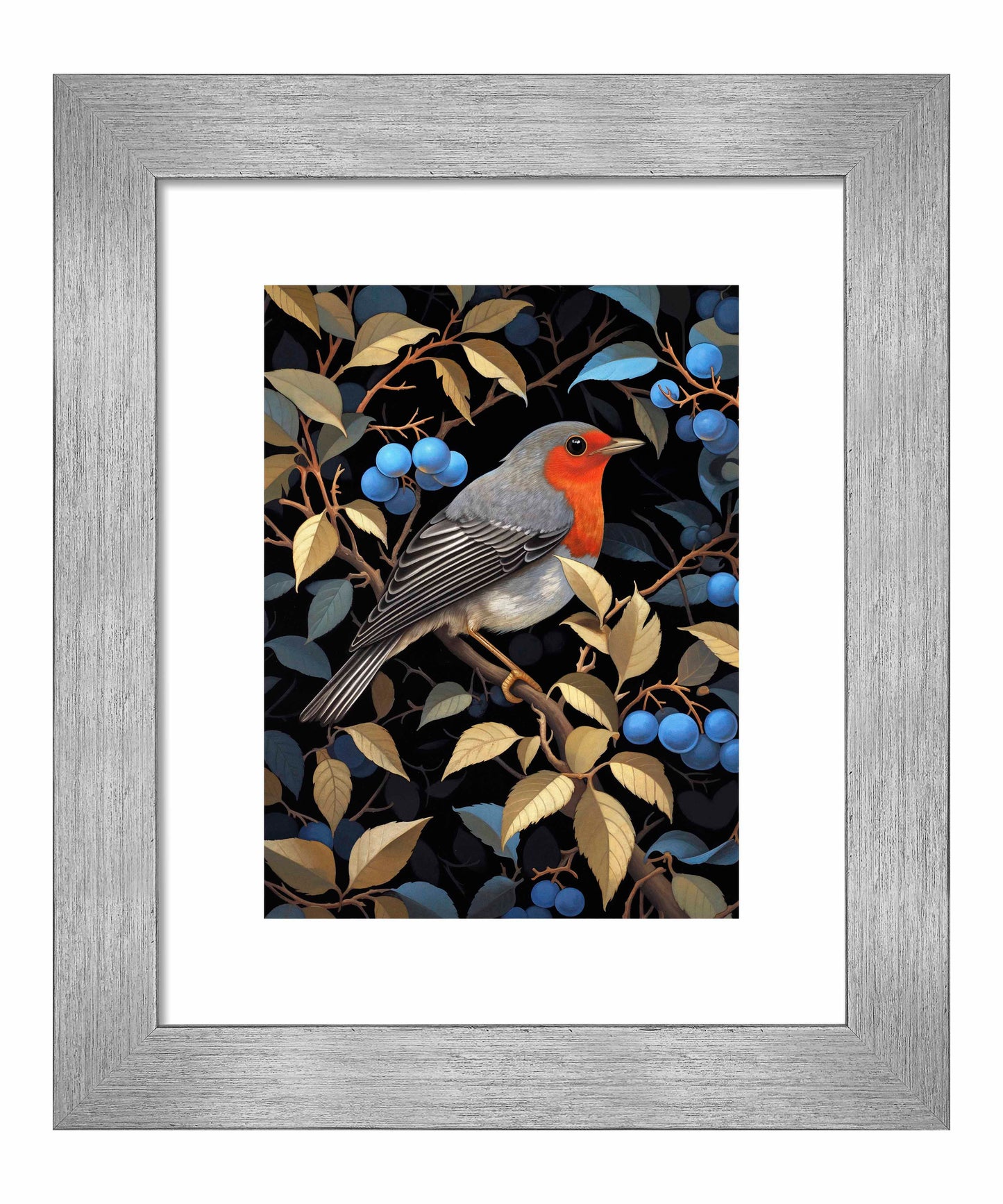 Crimson Song - Robin Among Blueberries - Art Prints