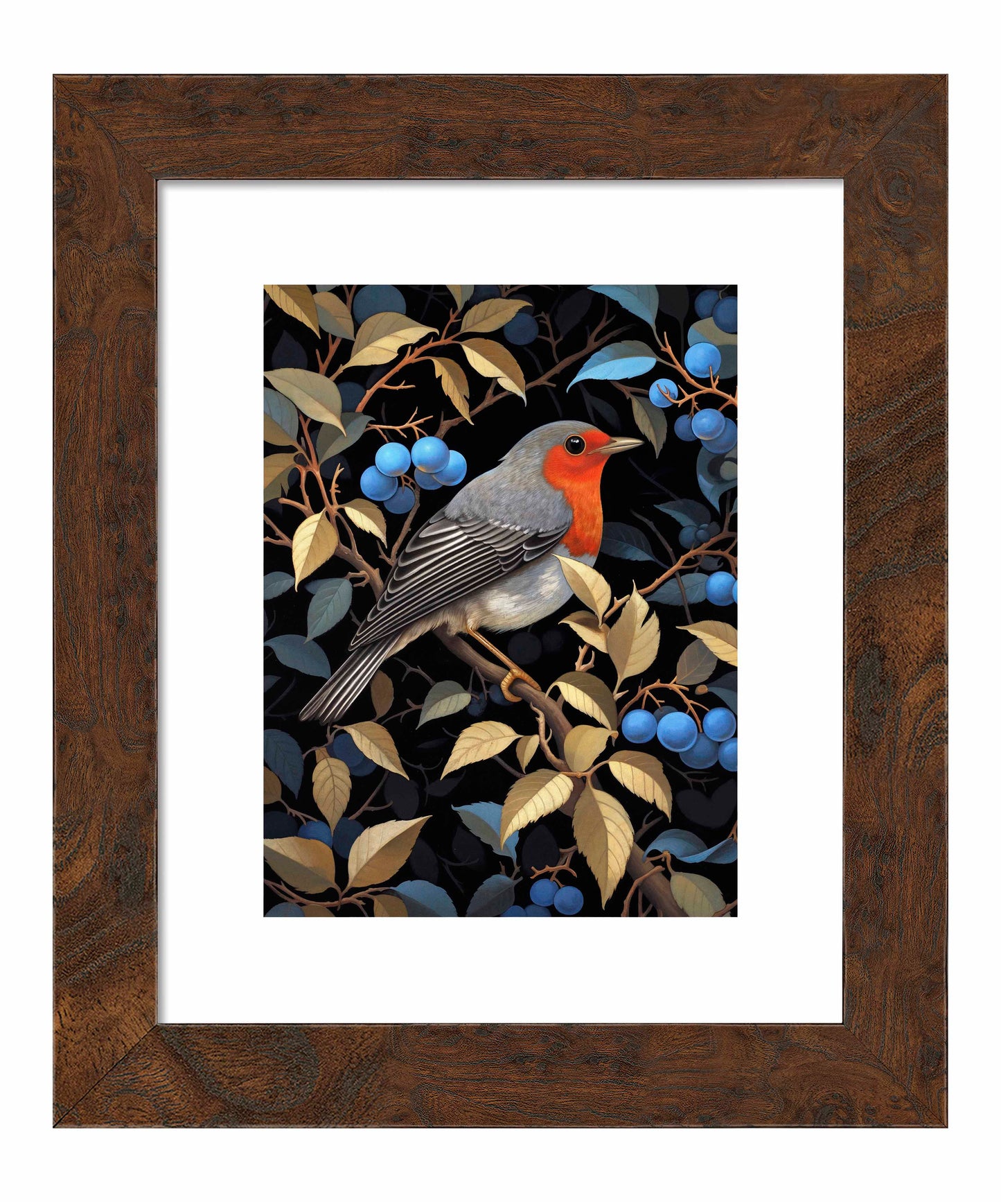 Crimson Song - Robin Among Blueberries - Art Prints