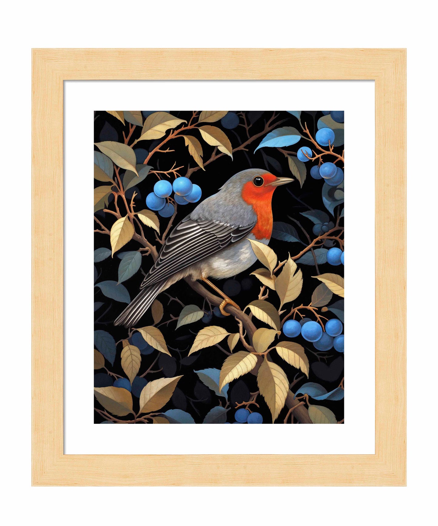 Crimson Song - Robin Among Blueberries - Art Prints