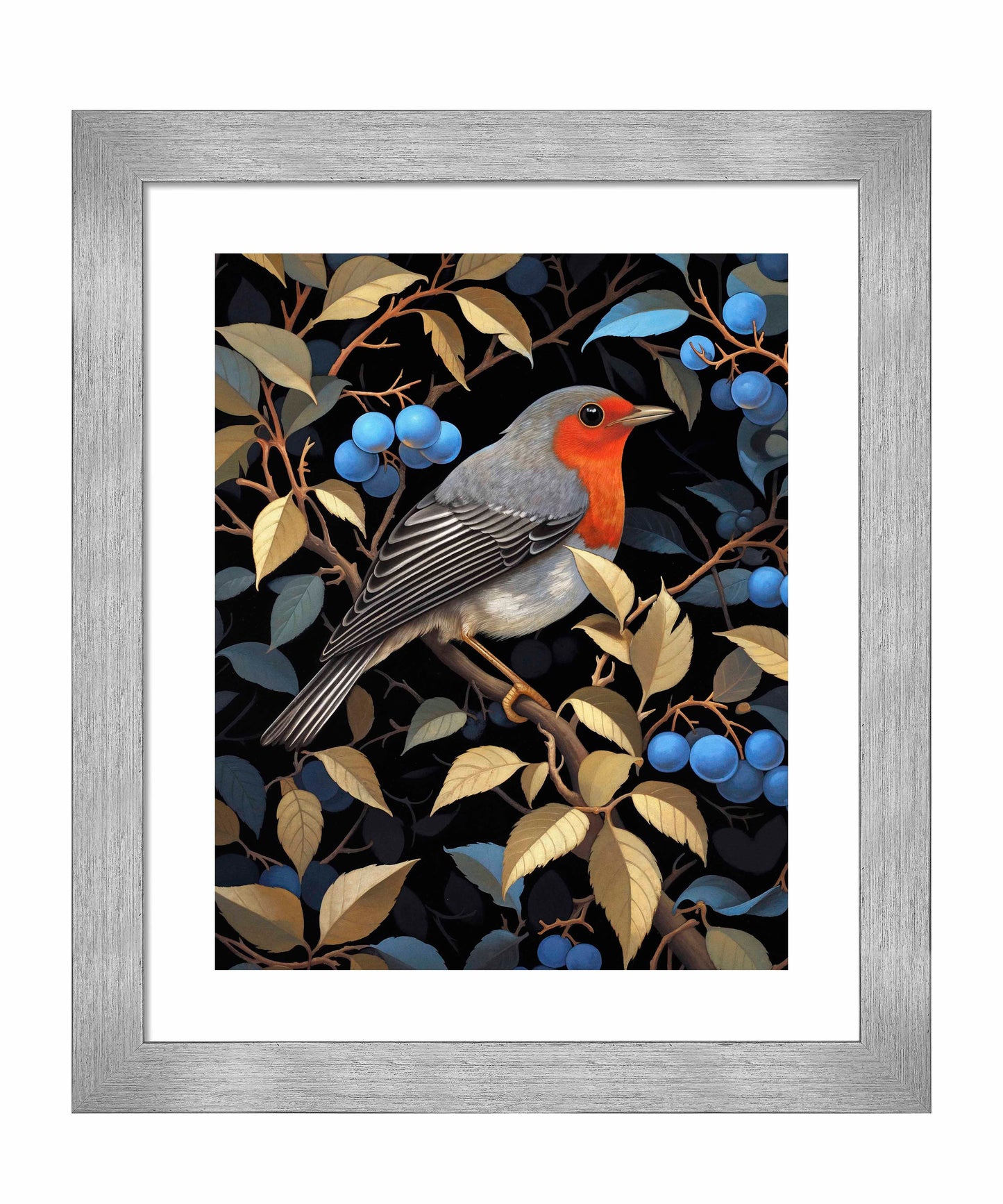Crimson Song - Robin Among Blueberries - Art Prints