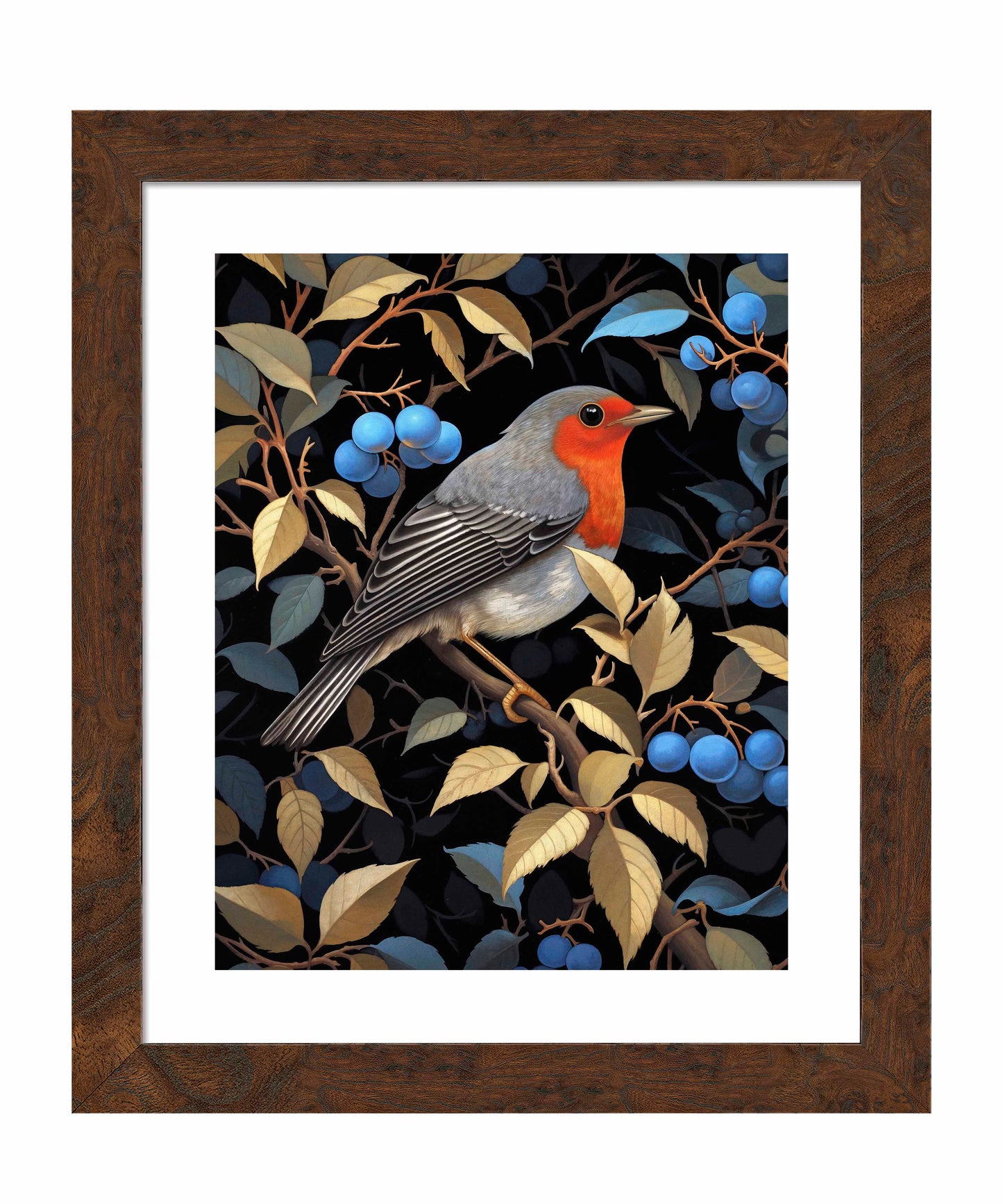 Crimson Song - Robin Among Blueberries - Art Prints