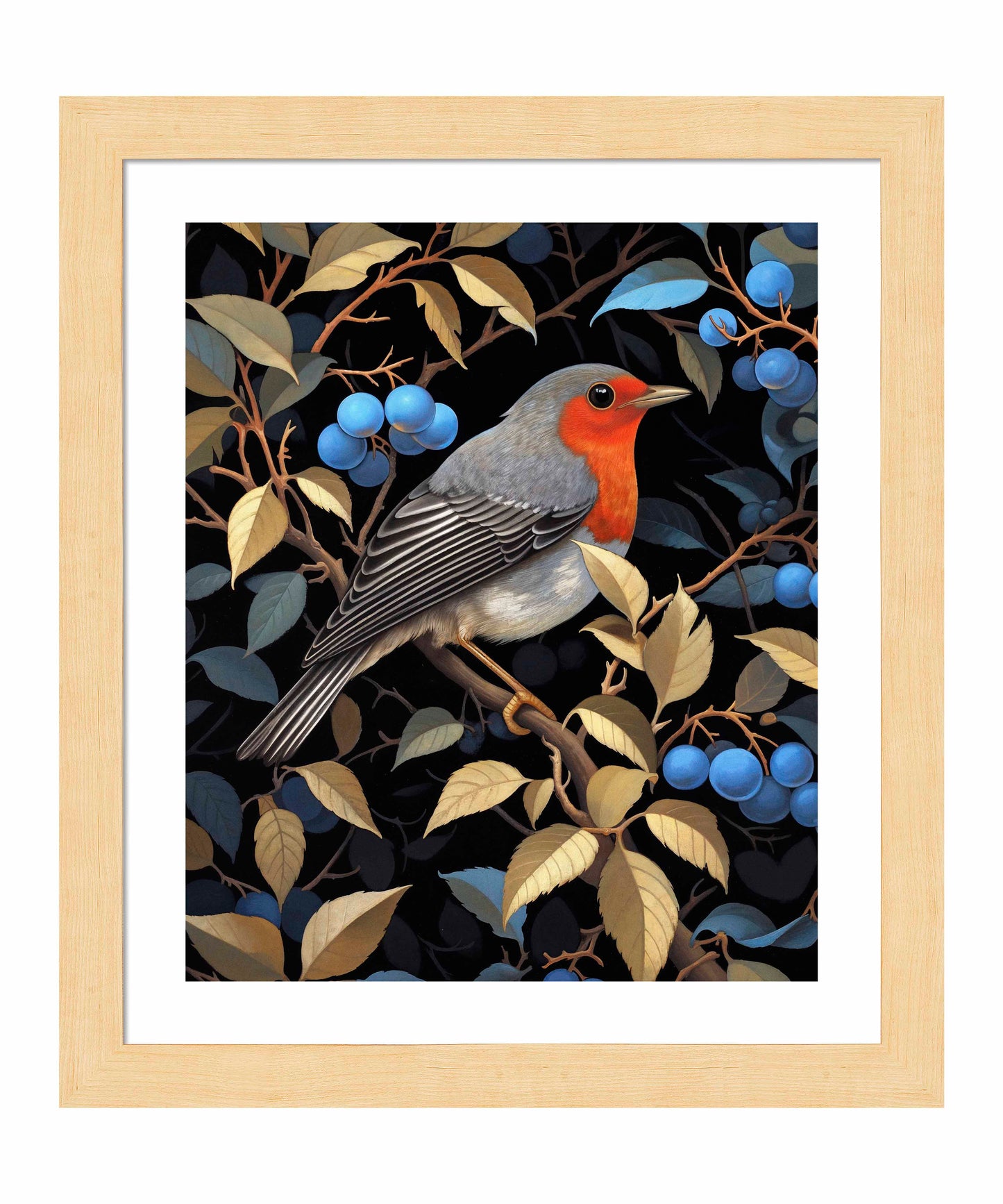 Crimson Song - Robin Among Blueberries - Art Prints