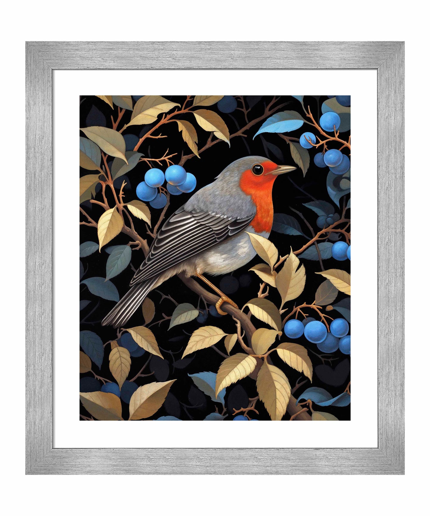 Crimson Song - Robin Among Blueberries - Art Prints