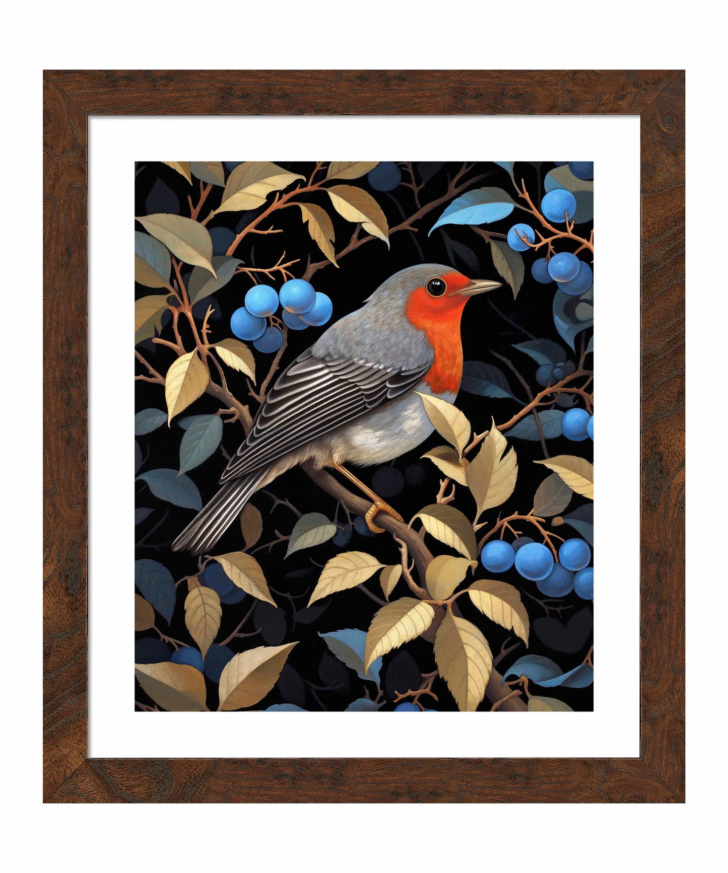Crimson Song - Robin Among Blueberries - Art Prints