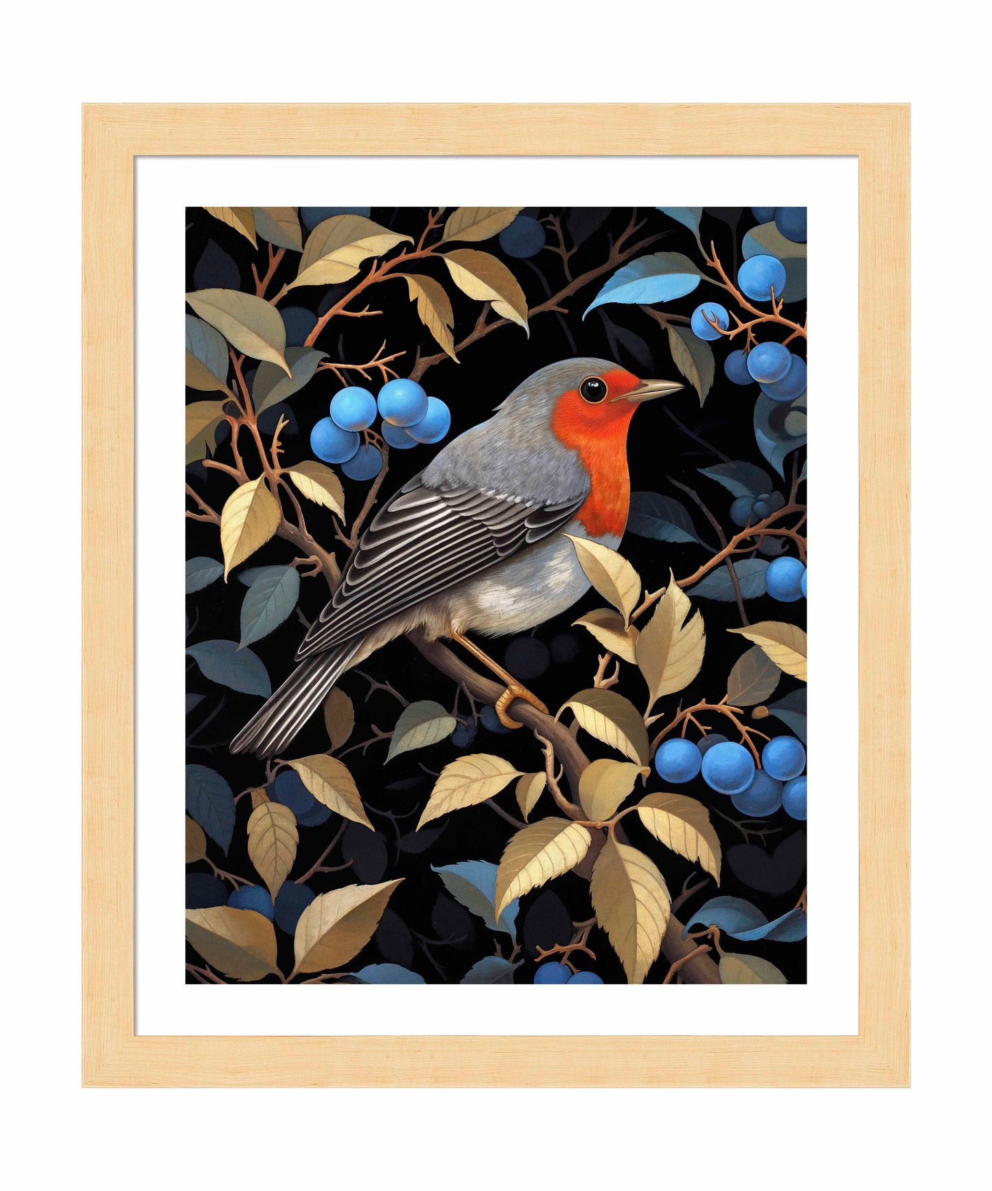 Crimson Song - Robin Among Blueberries - Art Prints