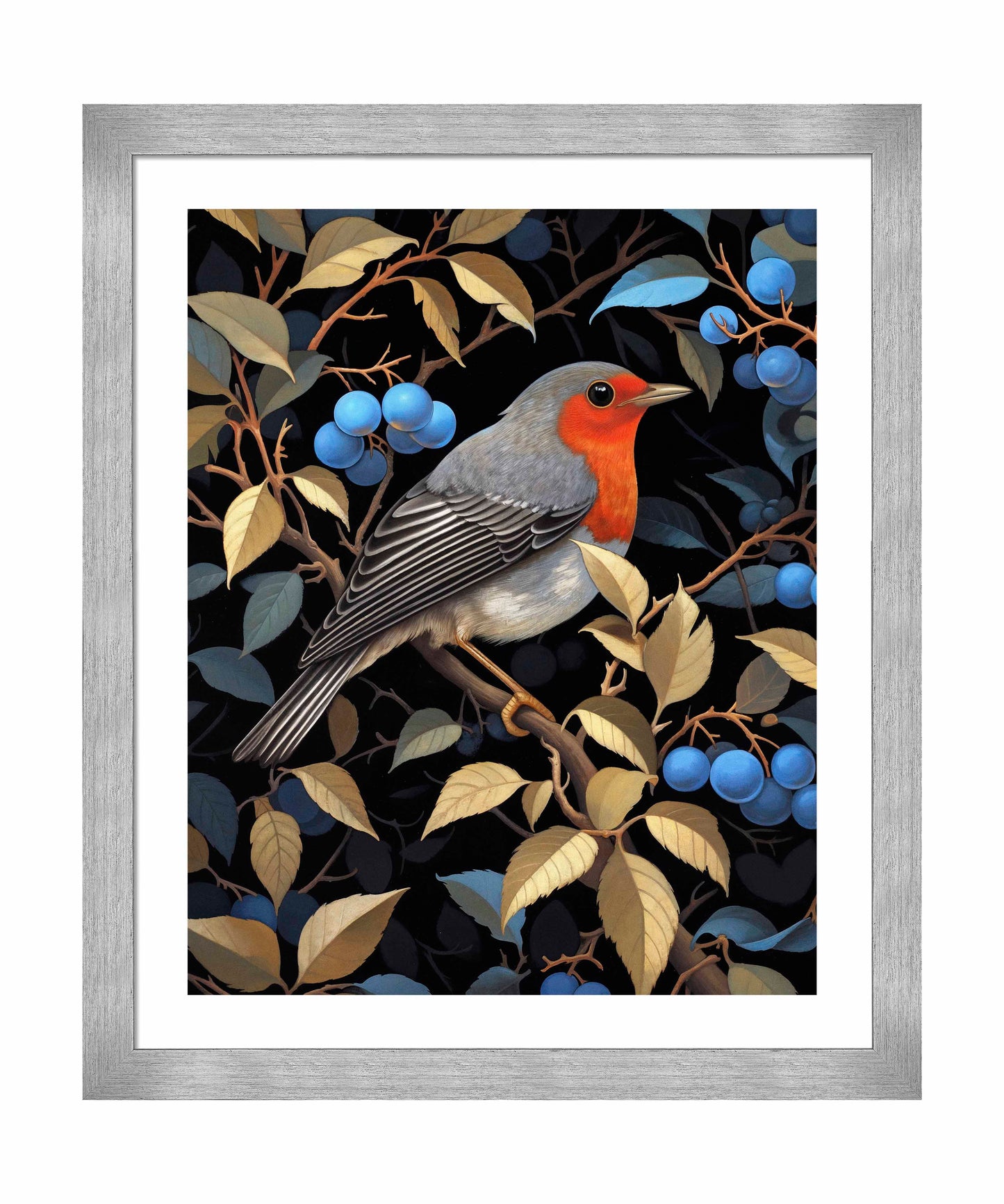 Crimson Song - Robin Among Blueberries - Art Prints