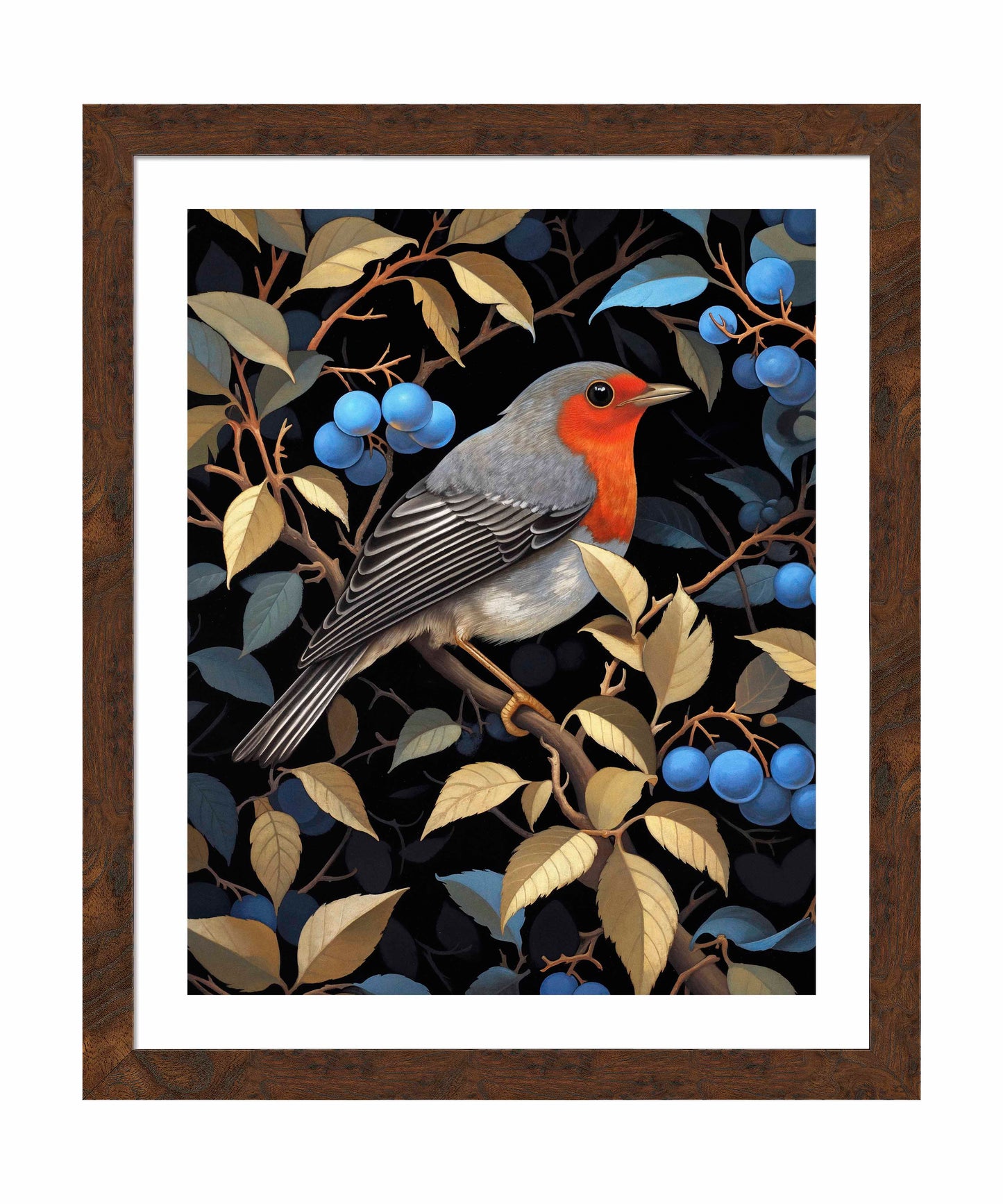 Crimson Song - Robin Among Blueberries - Art Prints