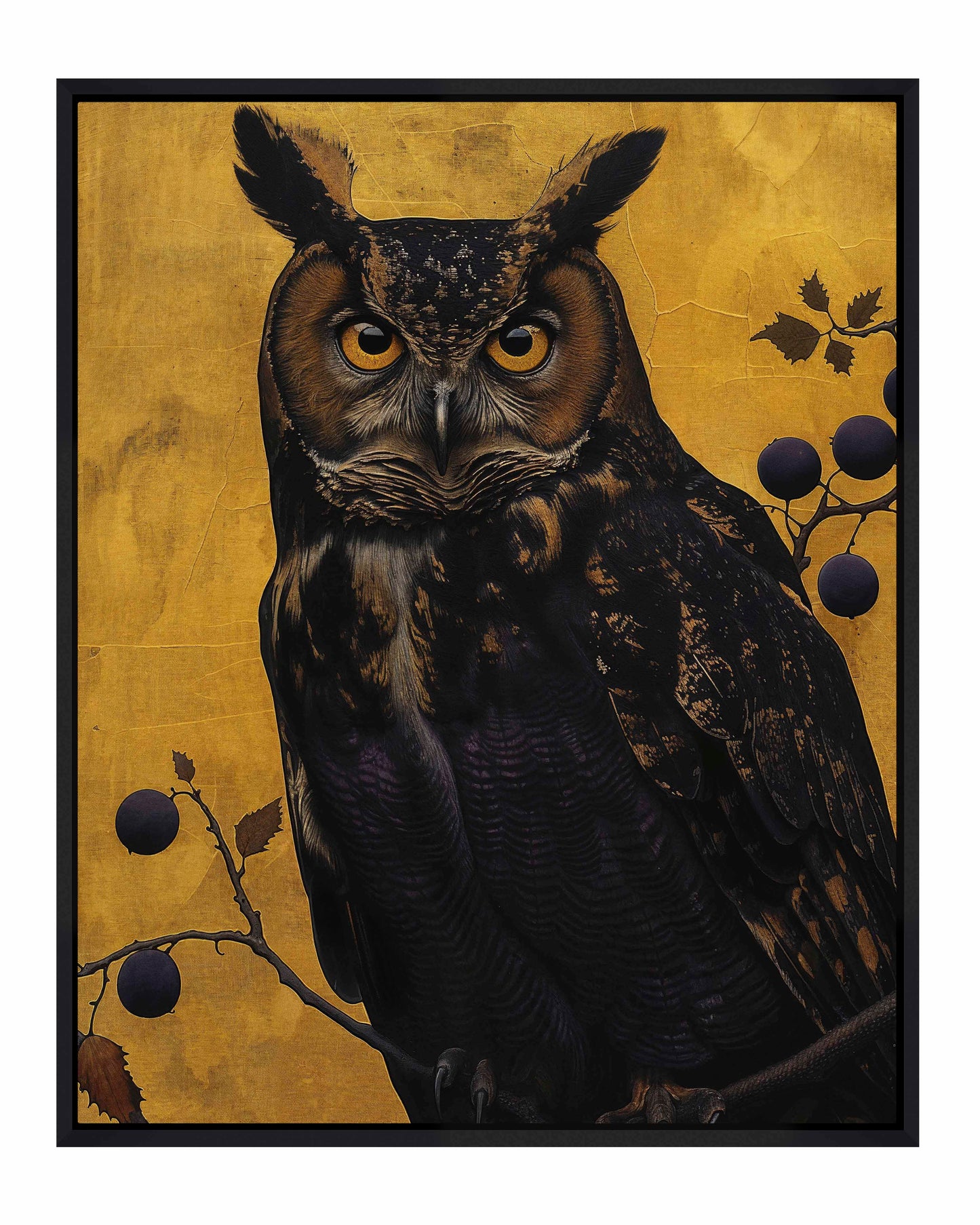 Golden Gaze - Great Horned Owl Among Berries - Gallery Wrapped Canvas
