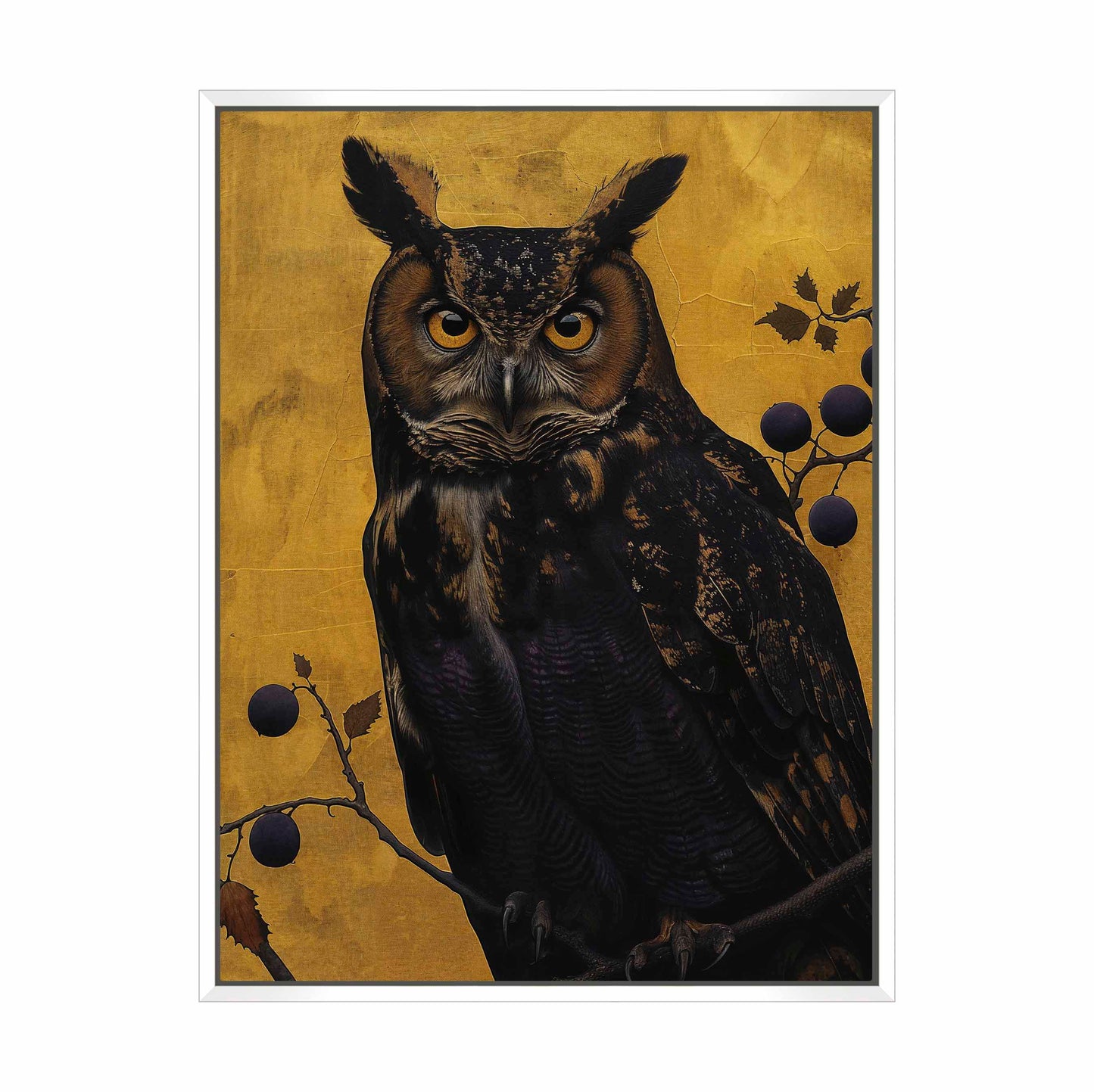 Golden Gaze - Great Horned Owl Among Berries - Gallery Wrapped Canvas