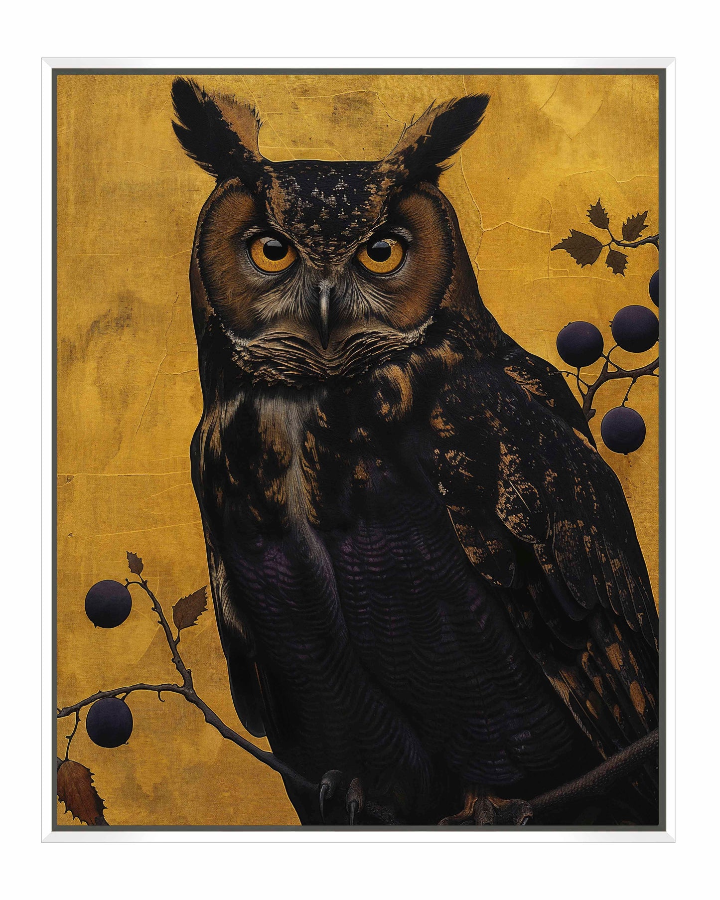 Golden Gaze - Great Horned Owl Among Berries - Gallery Wrapped Canvas
