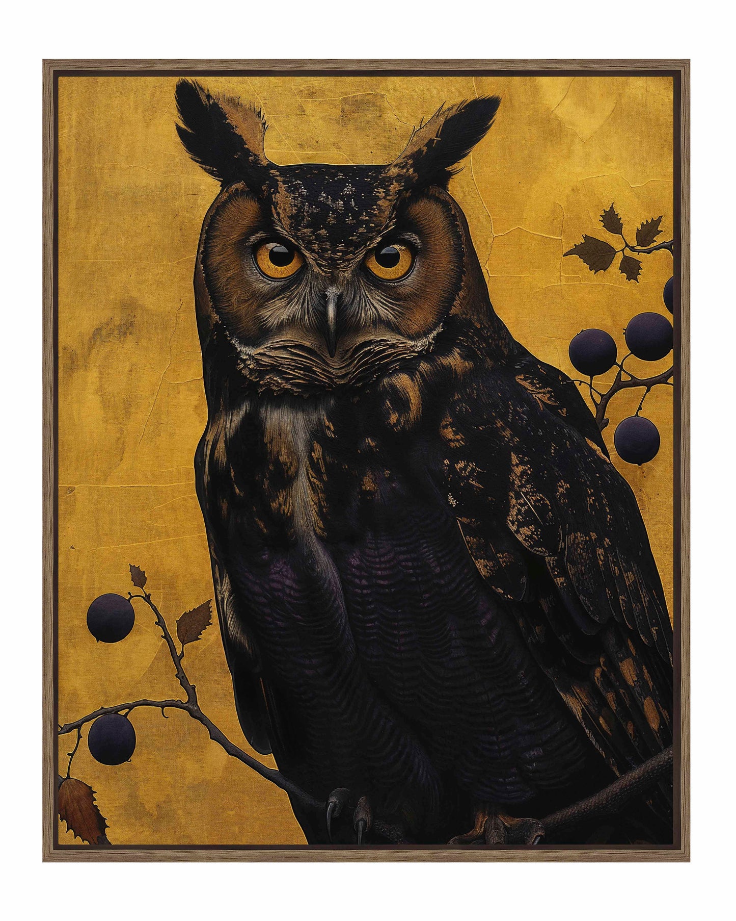 Golden Gaze - Great Horned Owl Among Berries - Gallery Wrapped Canvas