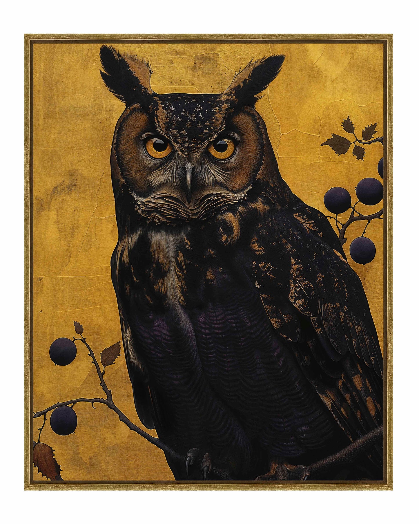 Golden Gaze - Great Horned Owl Among Berries - Gallery Wrapped Canvas
