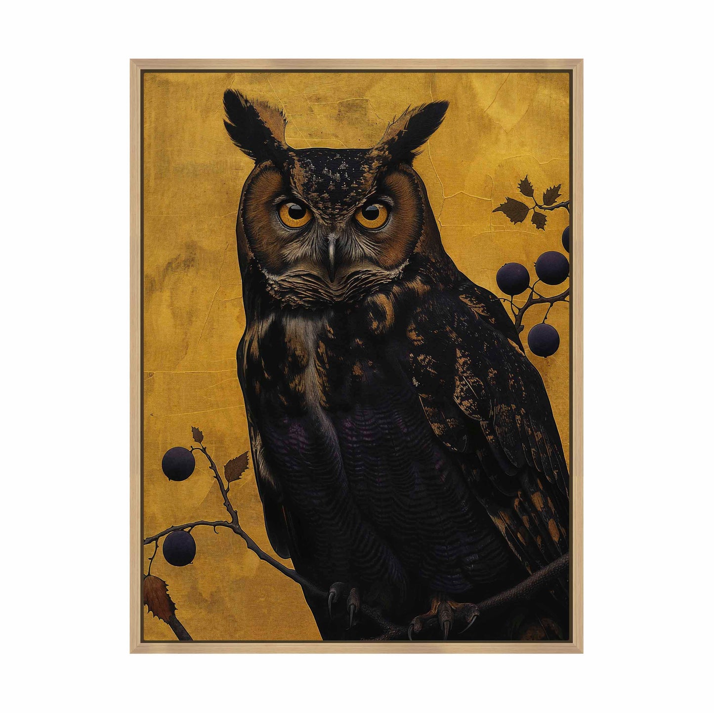 Golden Gaze - Great Horned Owl Among Berries - Gallery Wrapped Canvas