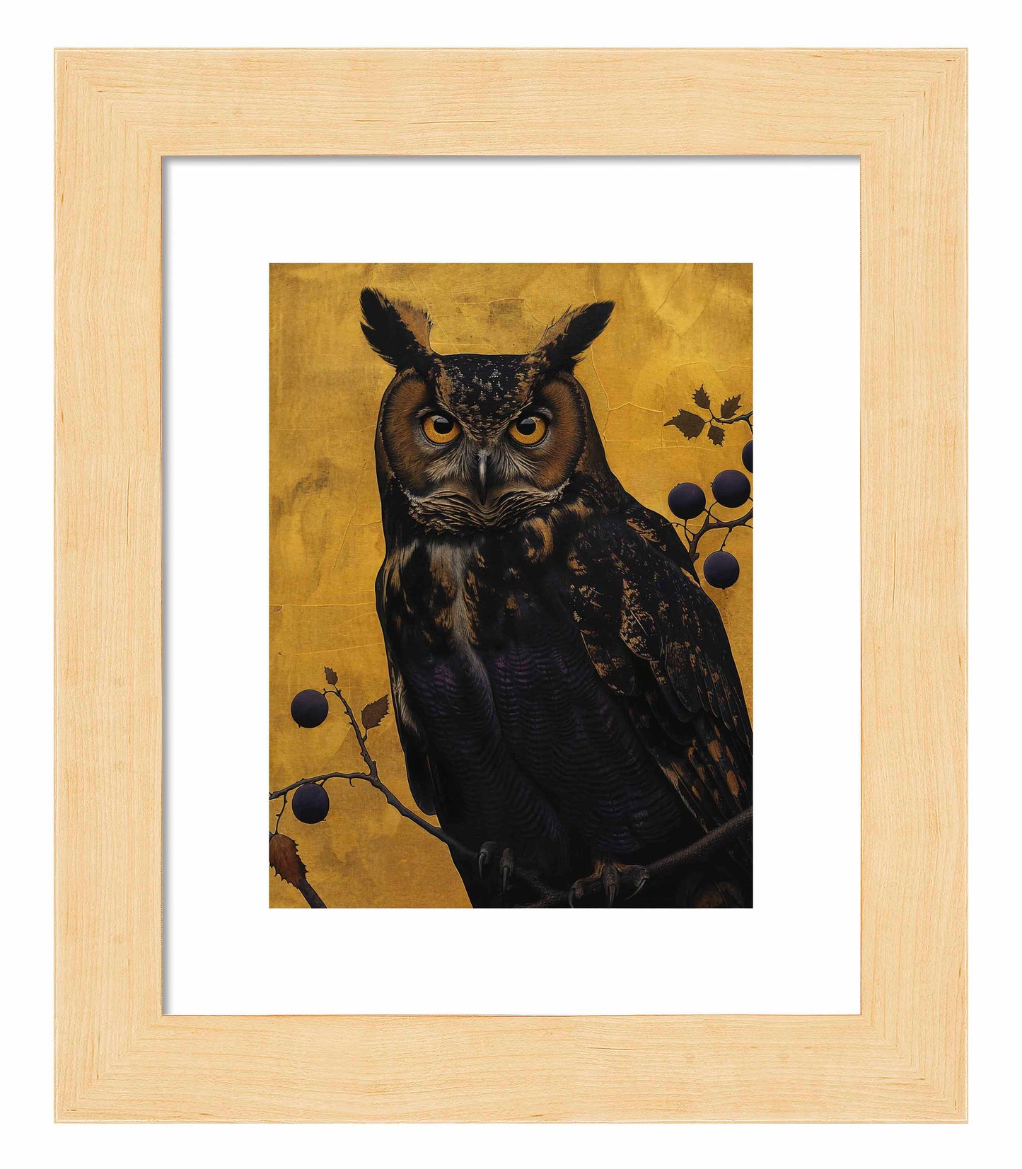 Golden Gaze - Great Horned Owl Among Berries - Art Prints
