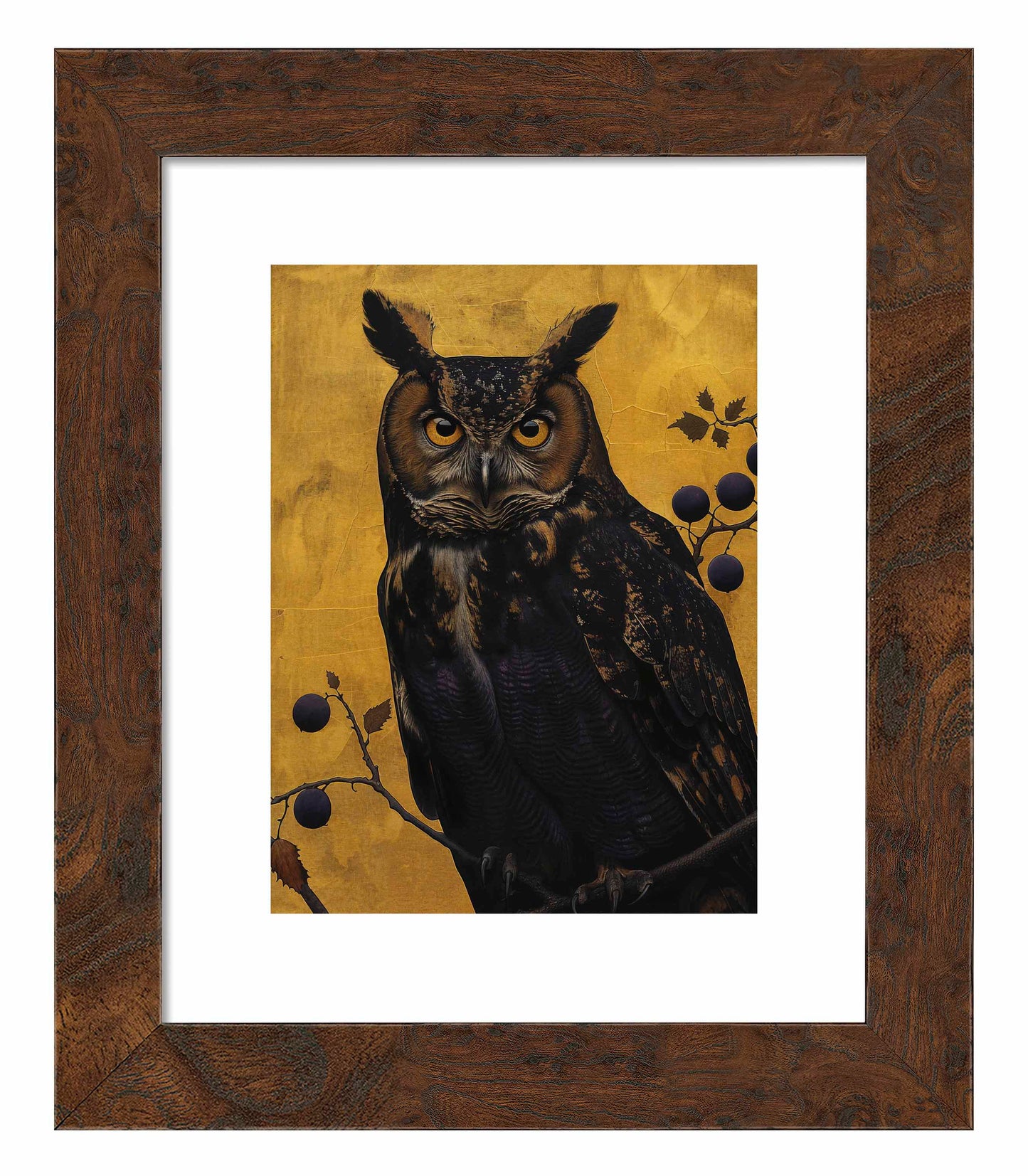 Golden Gaze - Great Horned Owl Among Berries - Art Prints